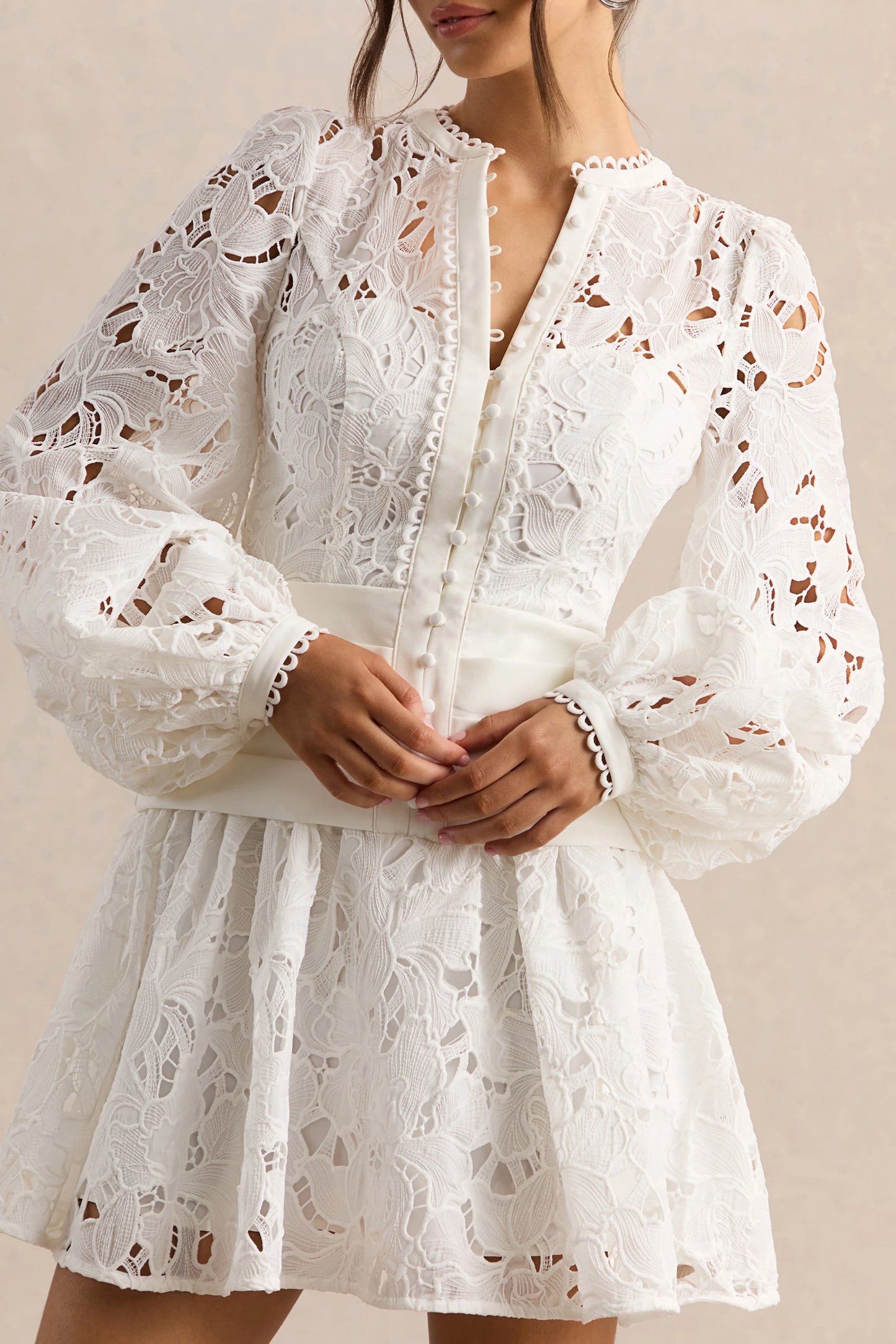 Helena White Crew-Neck Mini Dress With Puff-Sleeves and Pleated Skirt