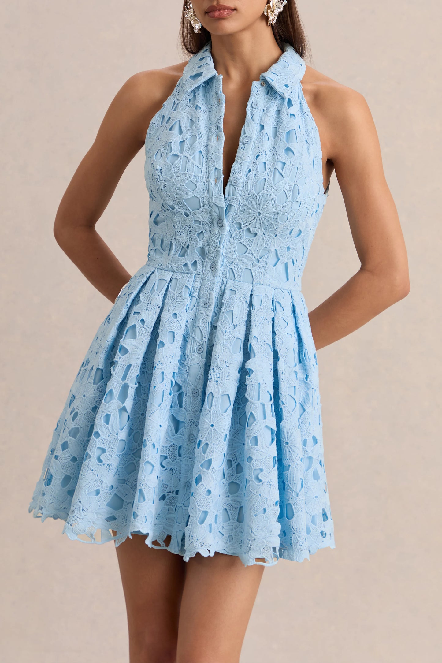 Milly Powder Blue Lace Halter-Neck Mini Dress
