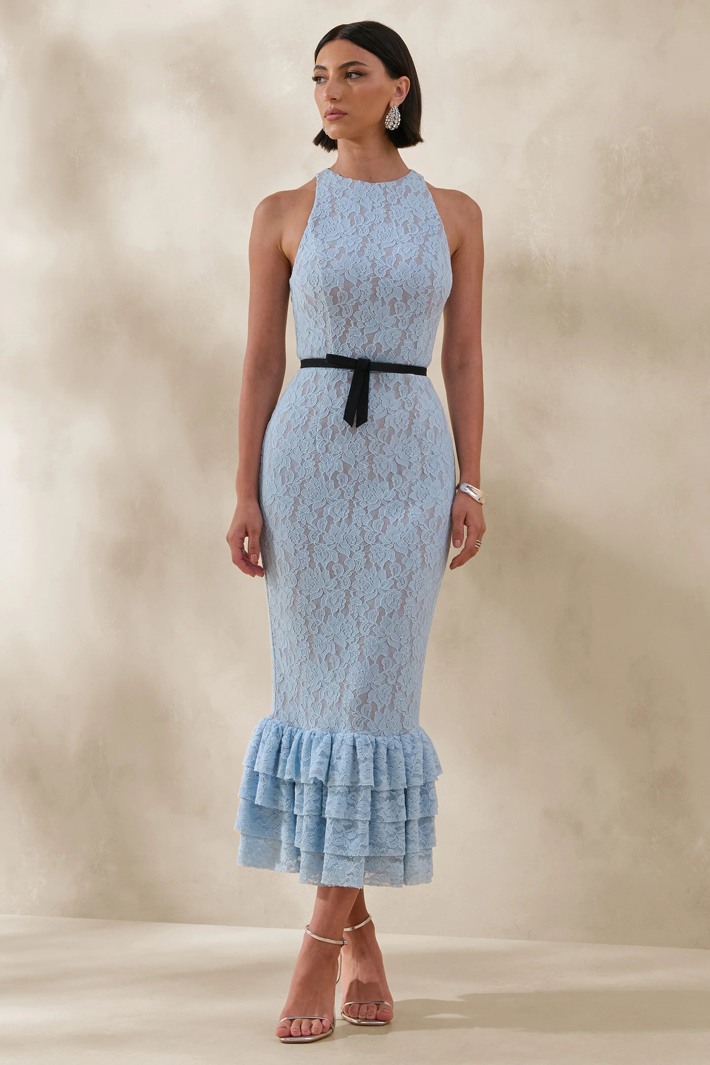 Vionna Blue Lace High-Neck Midi Dress With Bow-Belt Detail