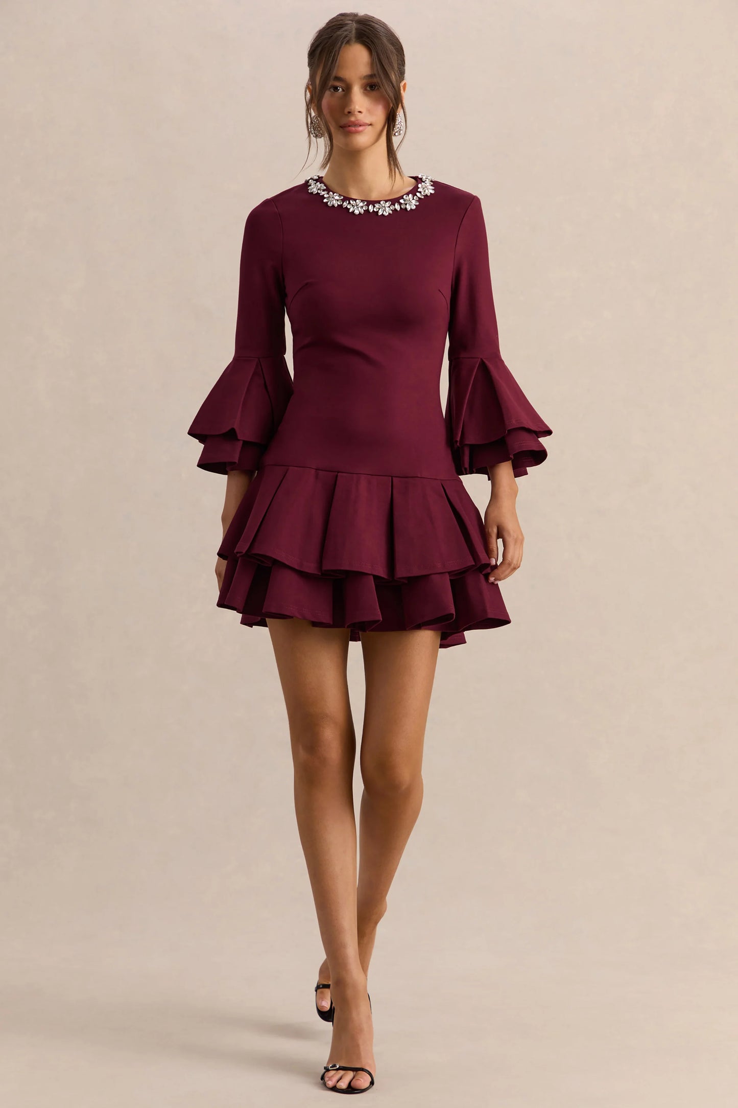 Mirna Burgundy Crew-Neck Mini Dress With Bell Sleeves And Ruffled Detailing