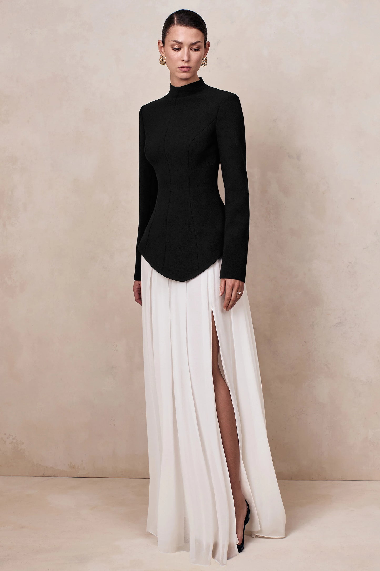 Halma Black & White High-Neck Maxi Dress With Drop-Waist