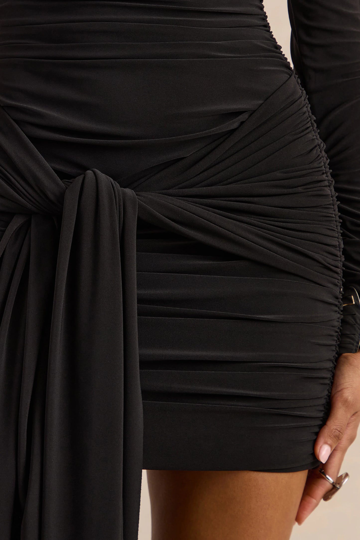 Irissia Black Asymmetric-Neck Mini Dress With Knot And Sash Detail
