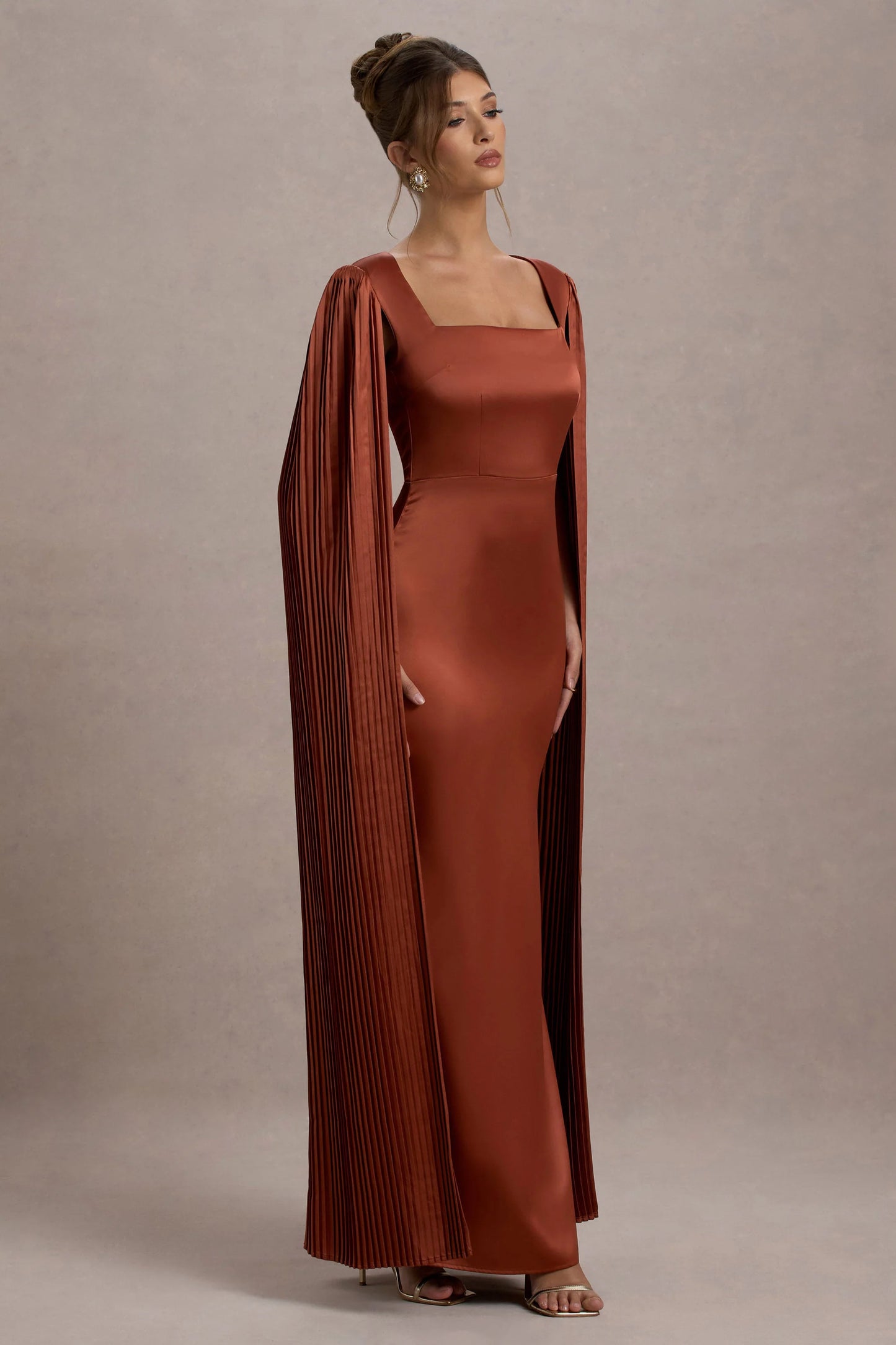 Saloma Rust Satin Square-Neck Maxi Dress With Cape Sleeves