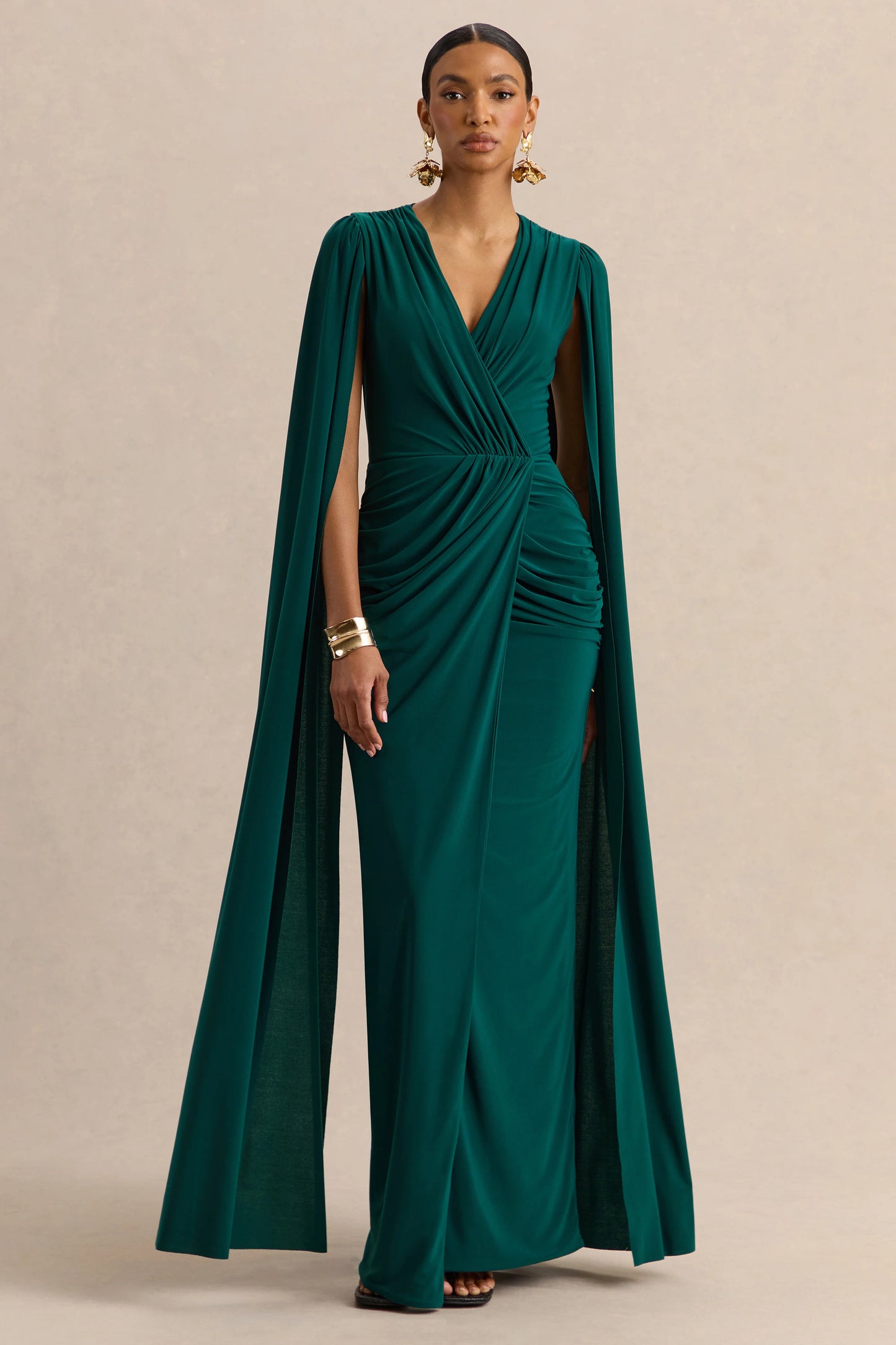 Ulissia Bottle Green V-Neck Maxi Dress With Cape-Sleeves