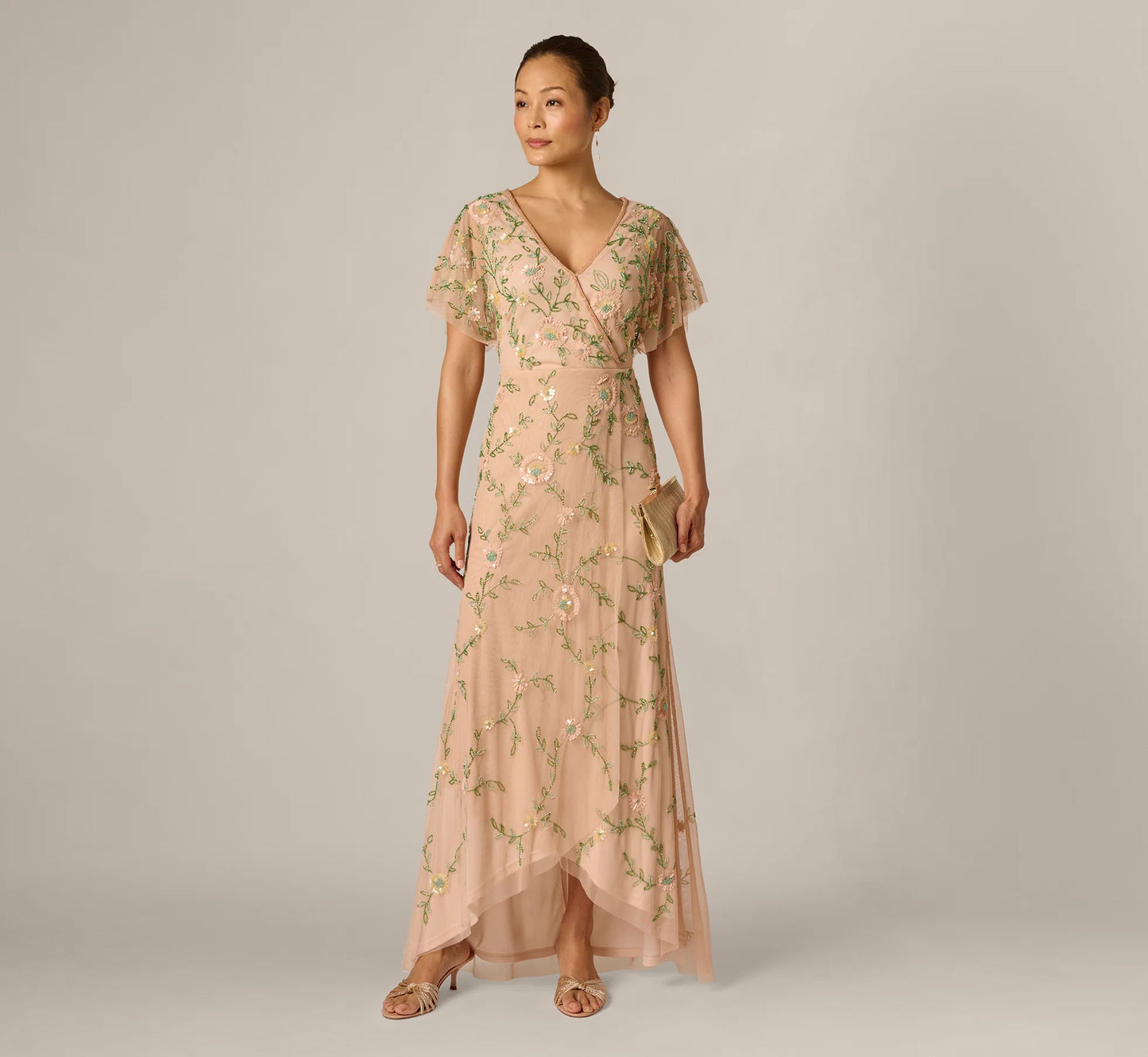 Flutter Sleeve Beaded Wrap Dress In Blush Multi