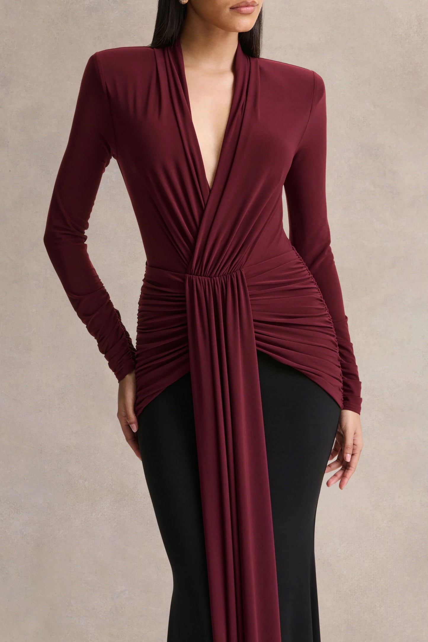 Halston Burgundy And Black Plunge-Neck Maxi Dress With Gathered-Detailing