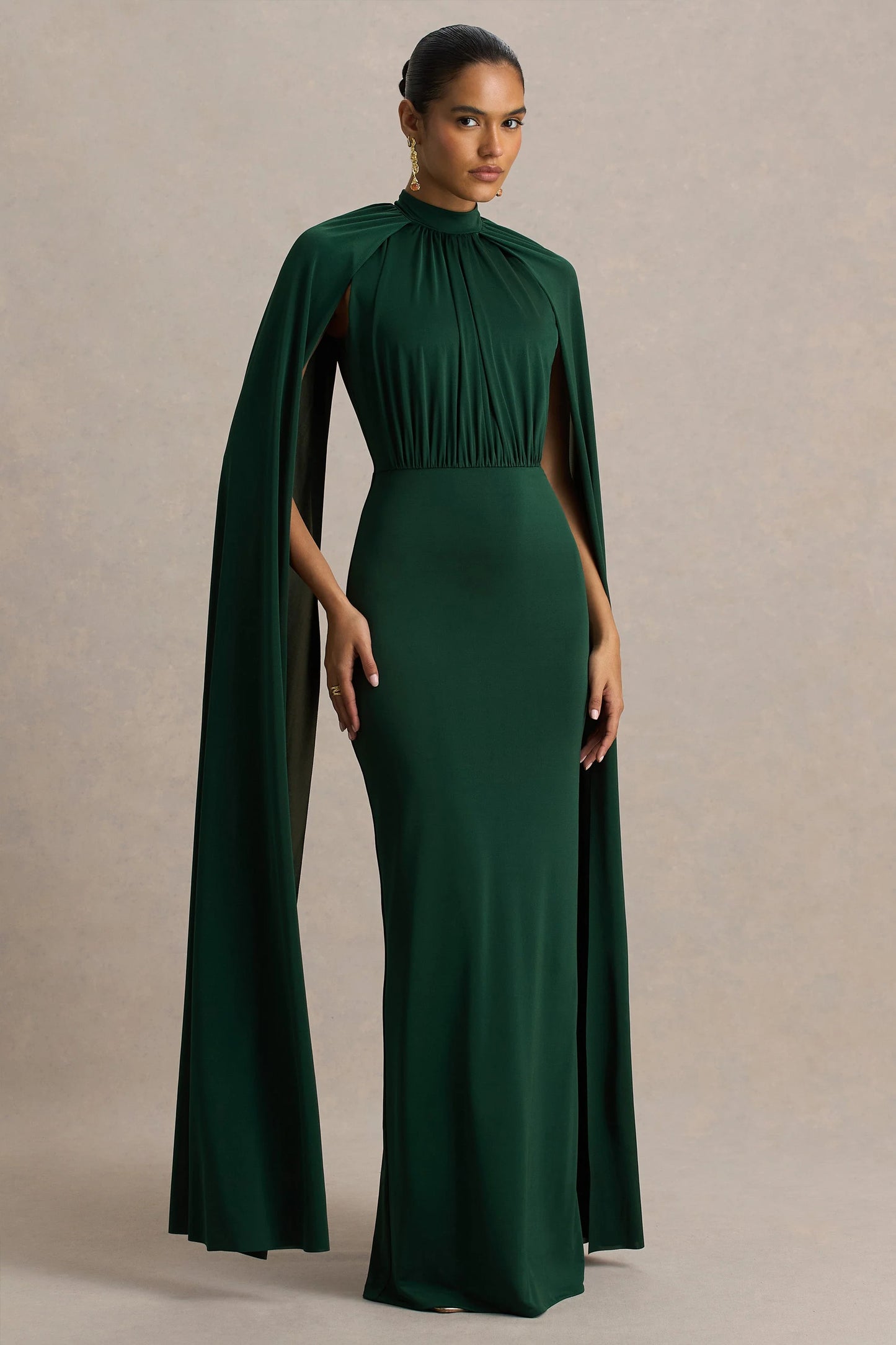 Darielle Bottle Green High-Neck Cape-Sleeve Maxi Dress