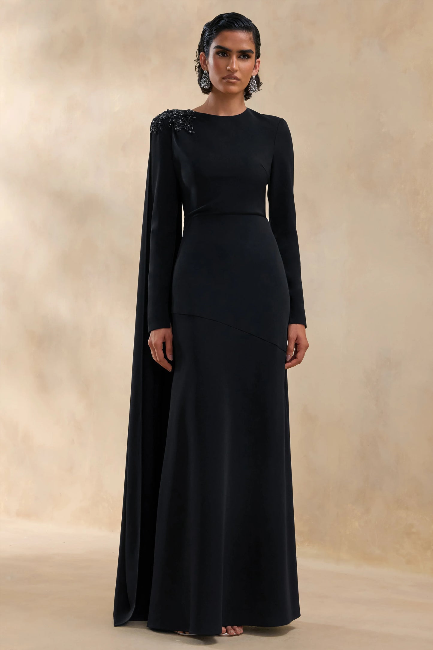 Reese Black High-Neck Maxi Dress With Embellished Detail and Sash