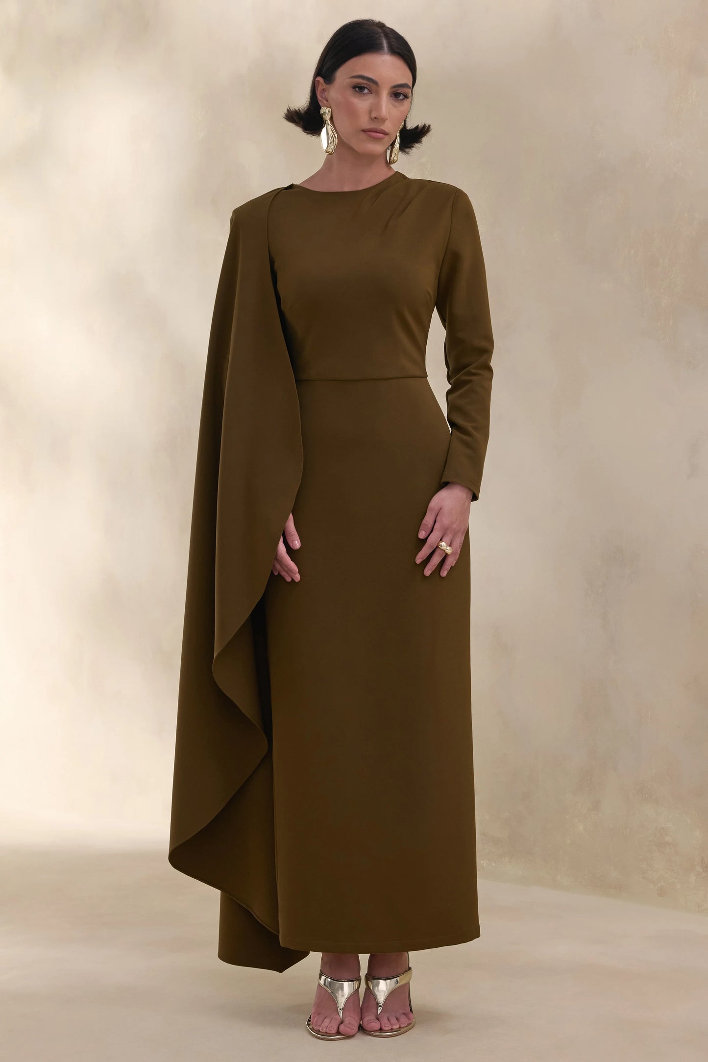 Jovea Olive Round-Neck Maxi Dress With Cape-Sleeve