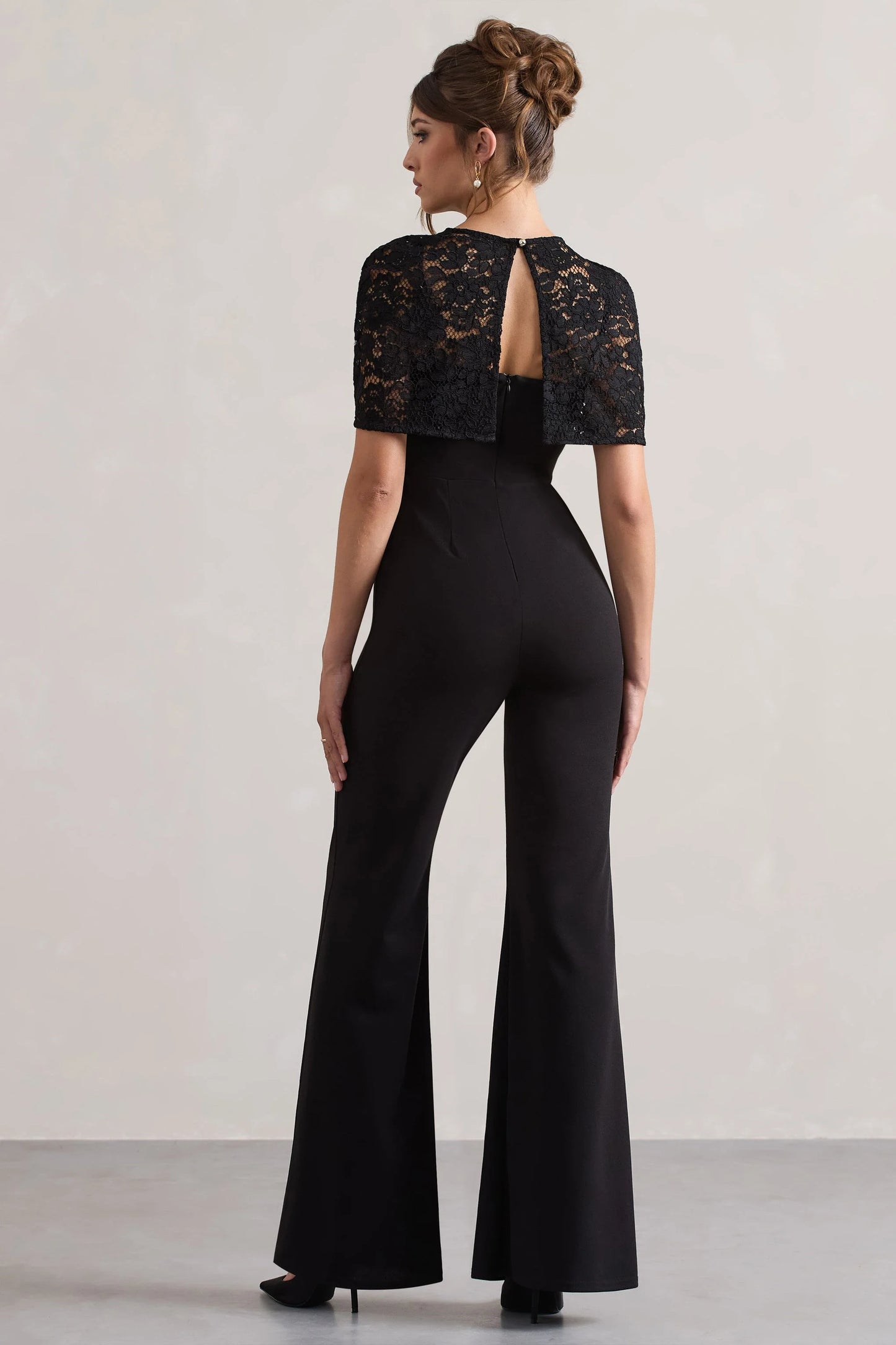 Endless Black Flared-Leg Jumpsuit With Lace Overlay