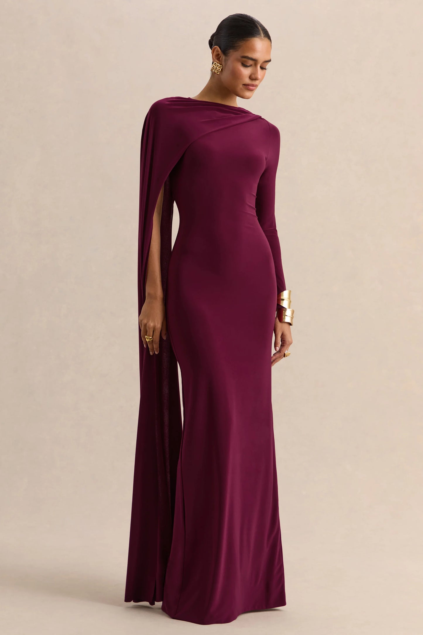 Halina Burgundy High-Neck Maxi Dress With Cape-Sleeve