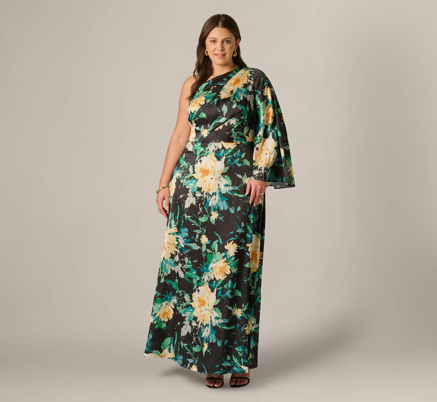 Plus Size One Shoulder Long Sleeve Floral Satin Gown In Black Multi