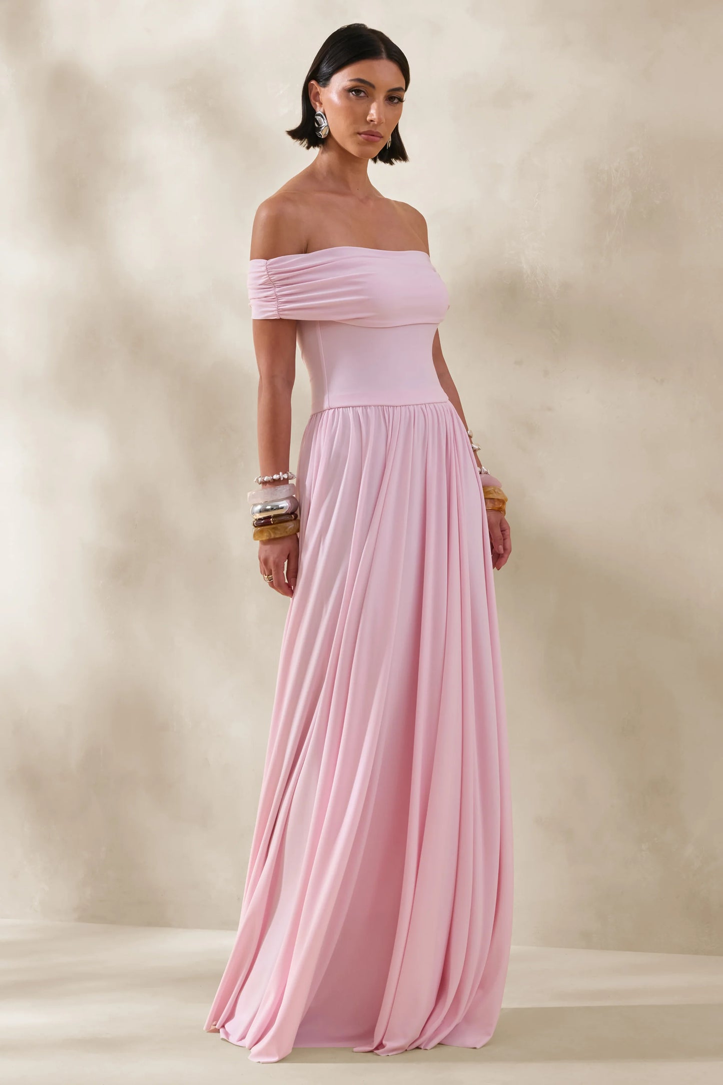 Cindie Pink Bardot-Neck Maxi Dress