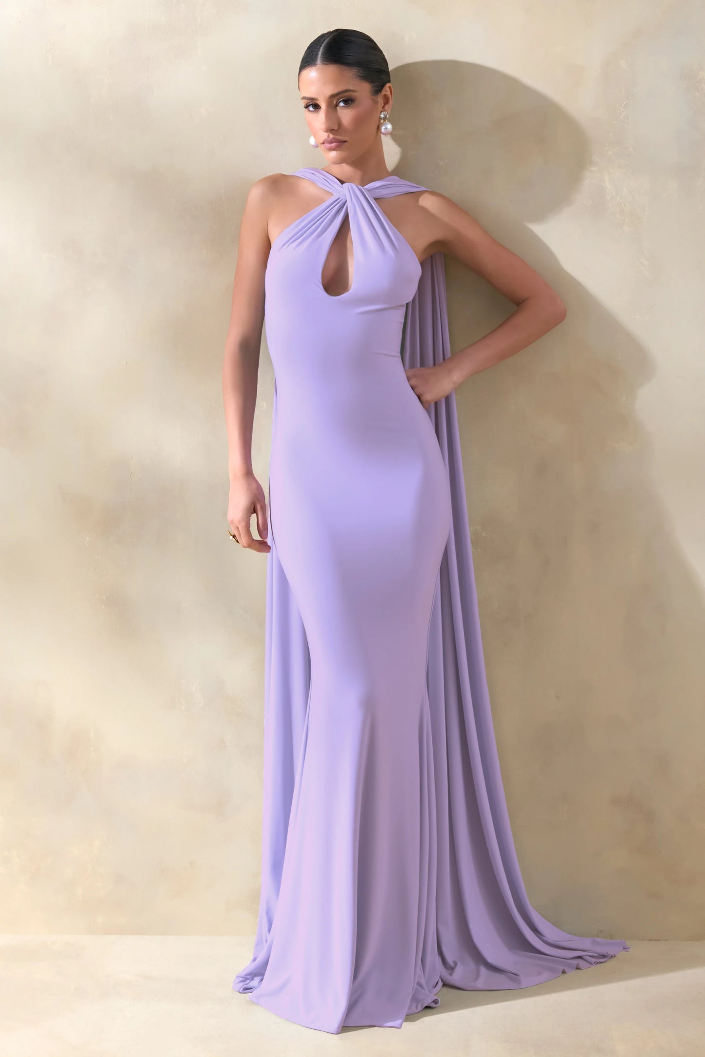 Rhoda Lilac Twist Halter-Neck Cape Maxi Dress