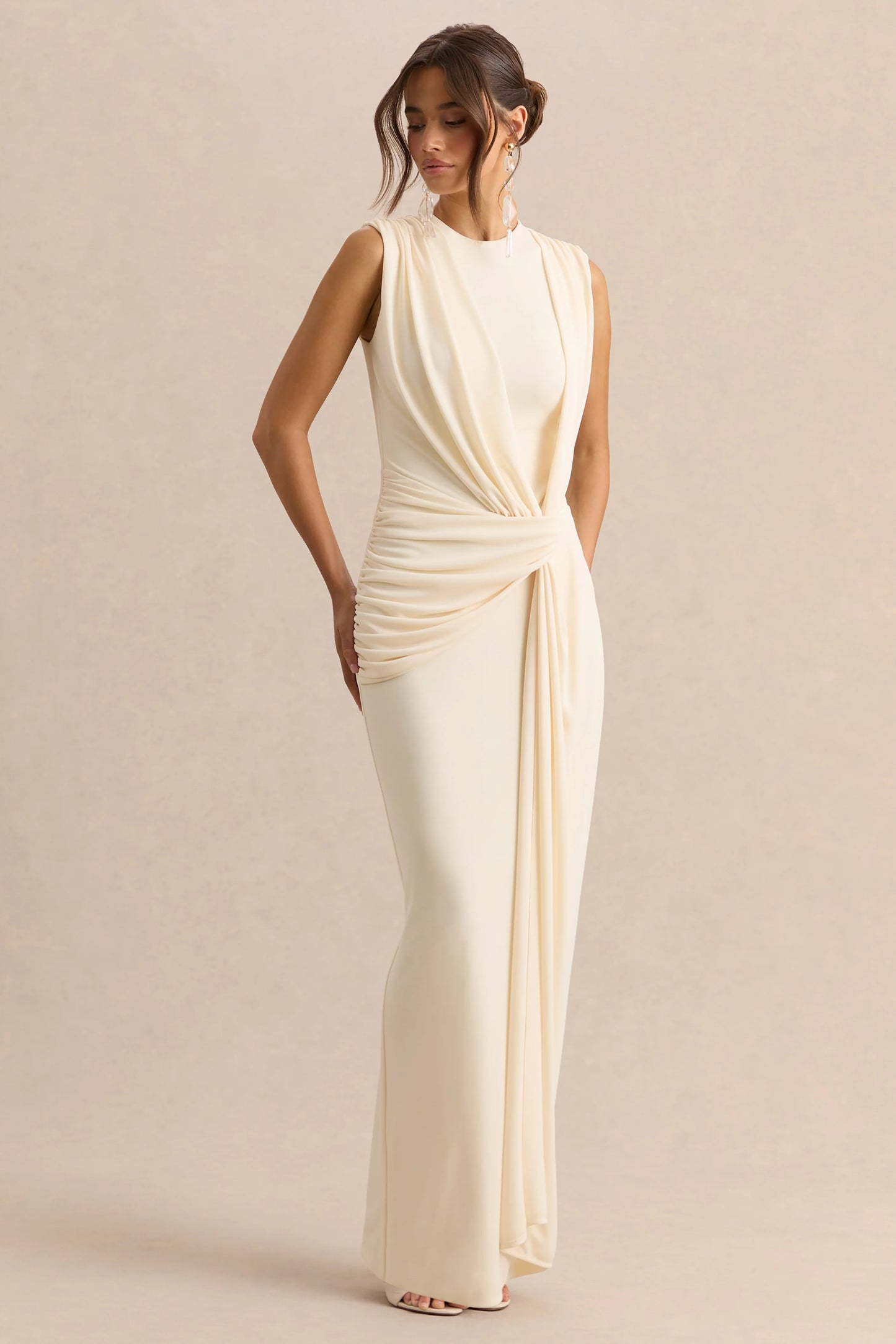 Blythia Cream Round-Neck Maxi Dress With Gathered-Detailing