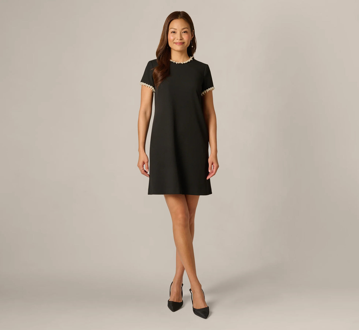 Stretch Crepe Pearly Short Shift Dress In Black Ivory