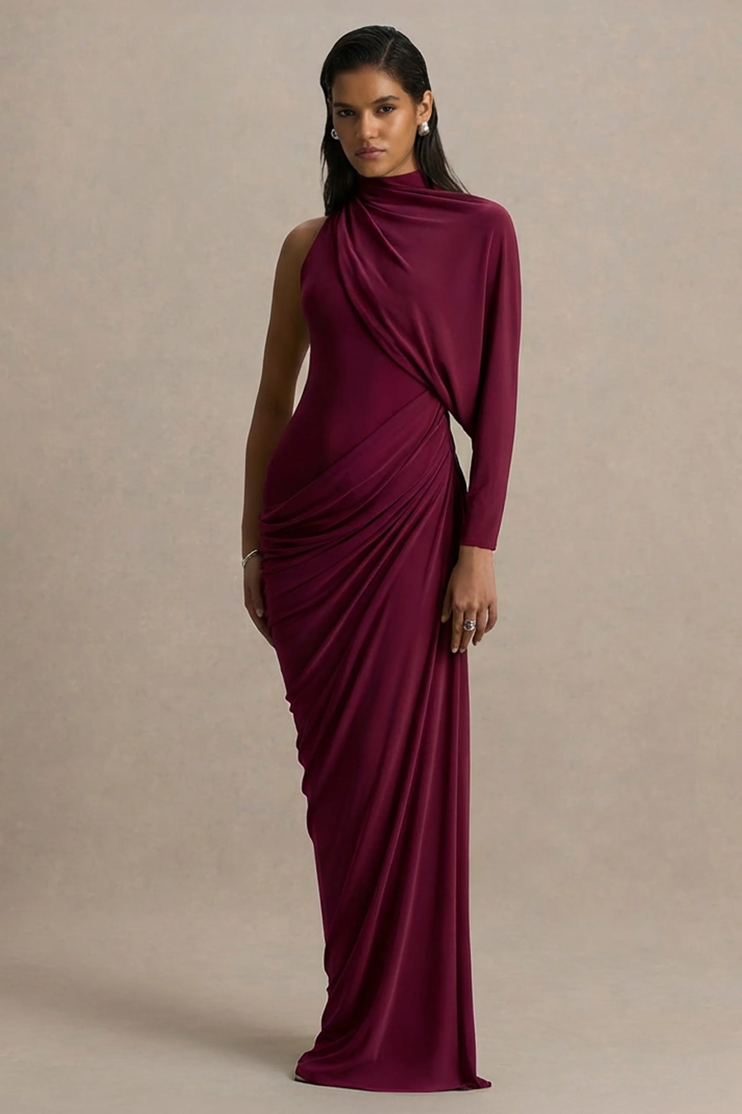 Aphra Burgundy High-Neck Maxi Dress With Cape-Sleeve
