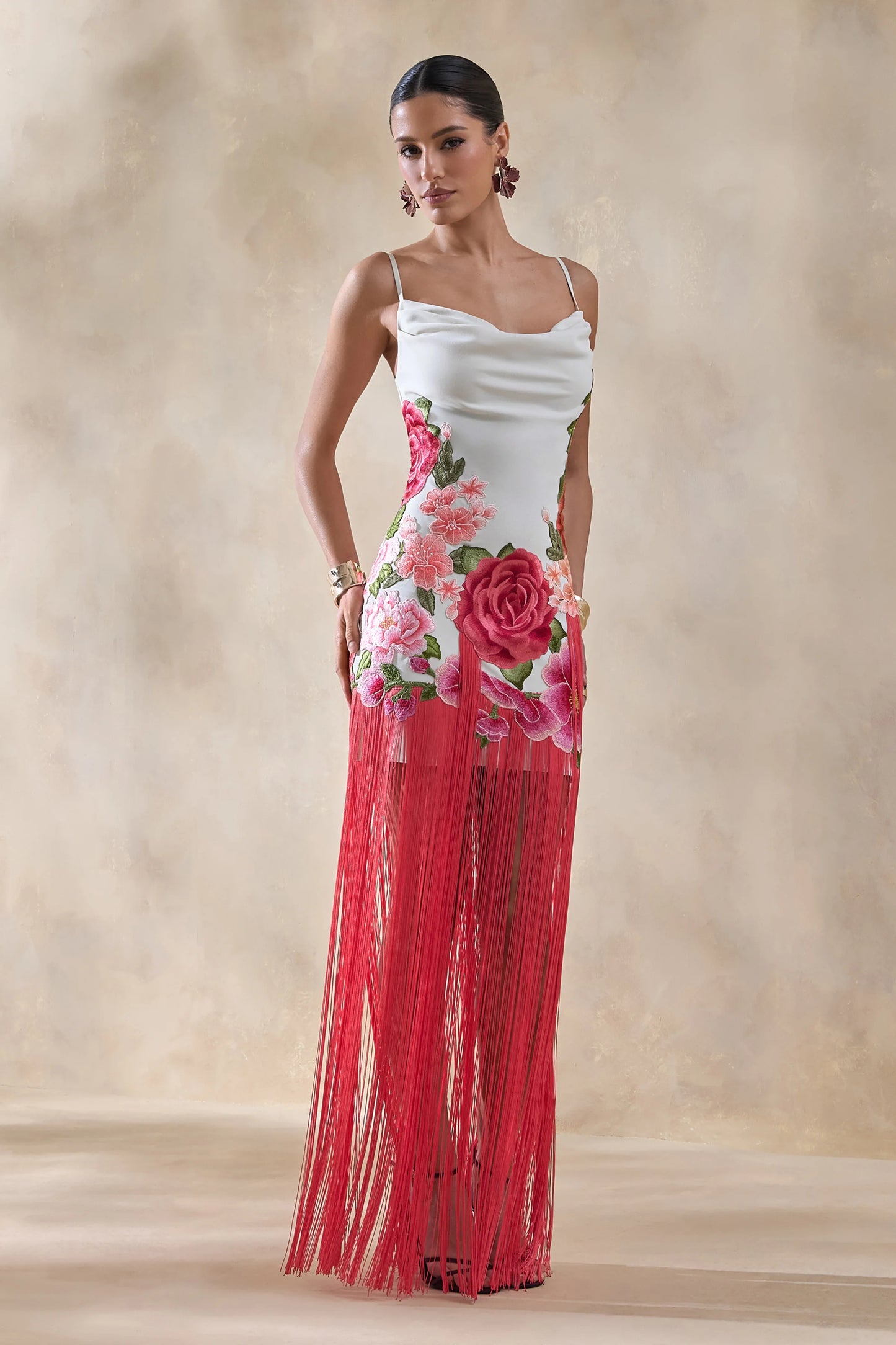 Bejewelled Cream and Pink Floral Cowl-Neck Maxi Dress With Fringe Hem