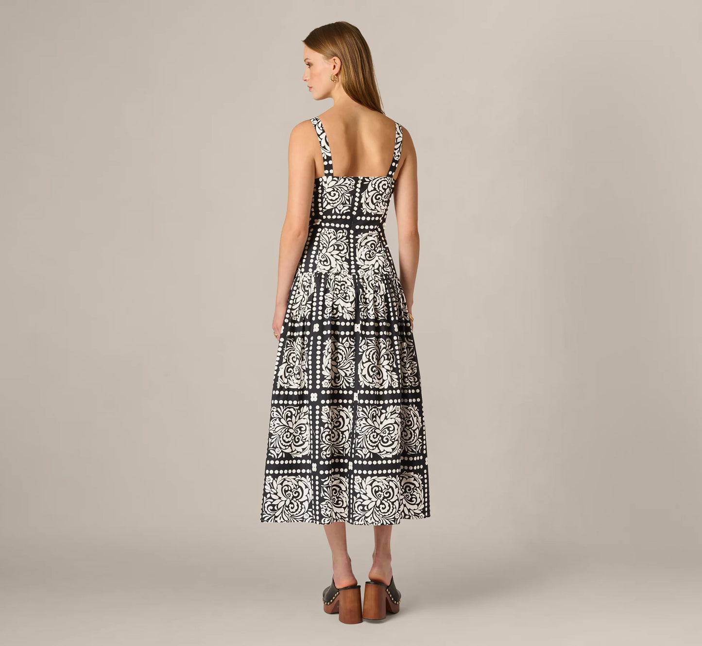 Drop Waist Cotton Tile Print Midi Sundress In Black Ivory