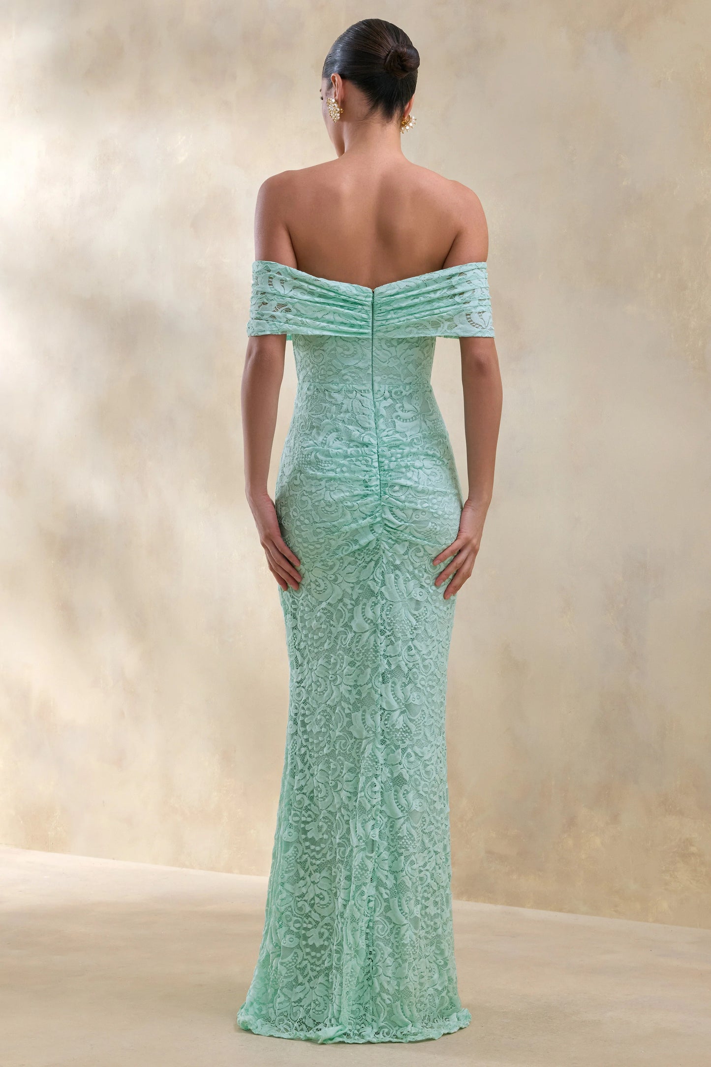 Aries Mint Lace Bardot-Neck Maxi Dress With Gathered Detailing