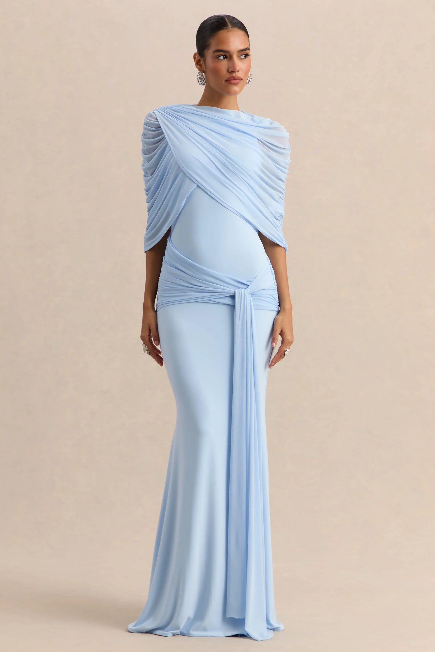 Mirene Powder Blue Round-Neck Maxi-Dress With Gathered-Detailing And Sash
