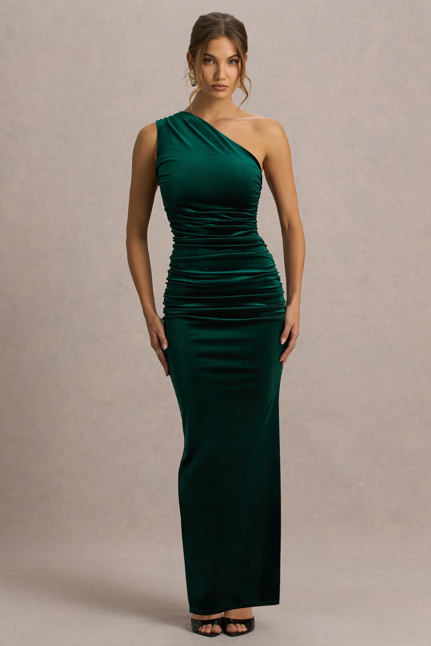 Treat Bottle Green Velvet Asymmetric-Neck Maxi Dress With Ruched Detailing