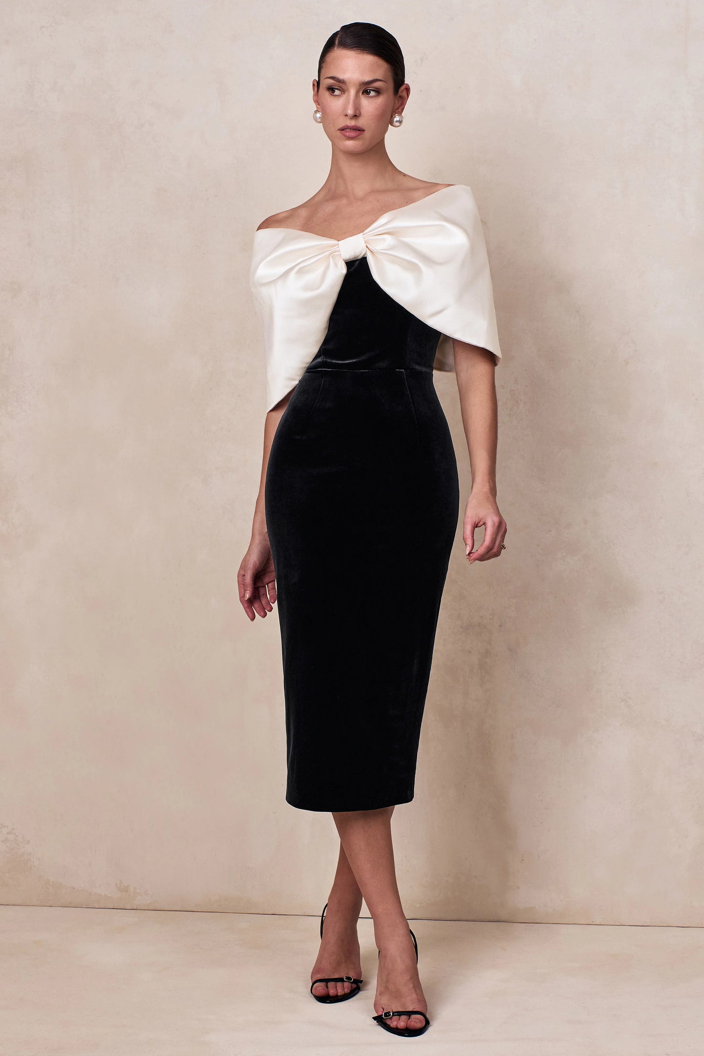 Twilight Black And White Velvet Bardot-Neck Midi Dress With Oversized Satin Bow