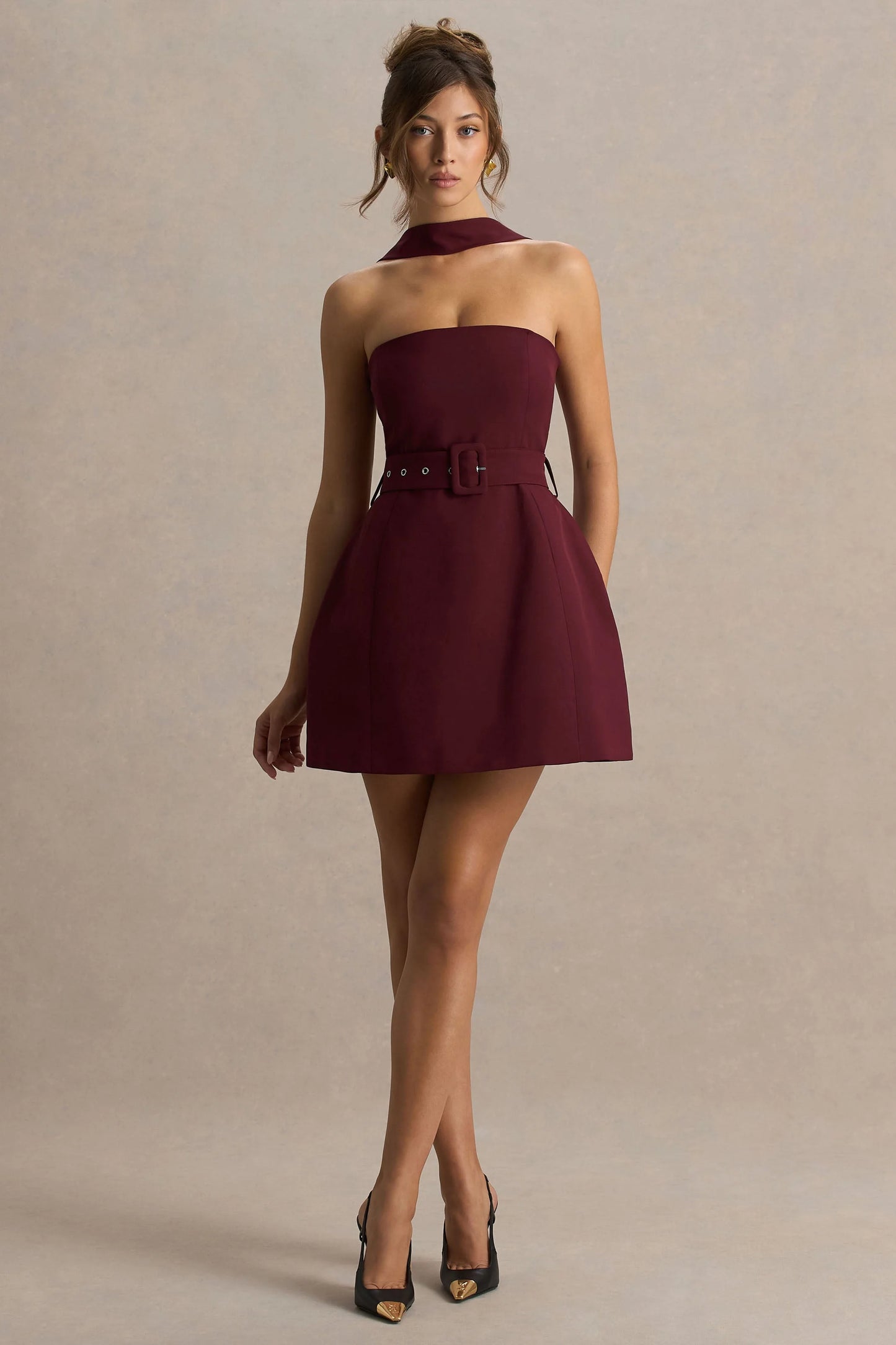 Timberly Burgundy High-Neck Tailored Micro-Mini Dress
