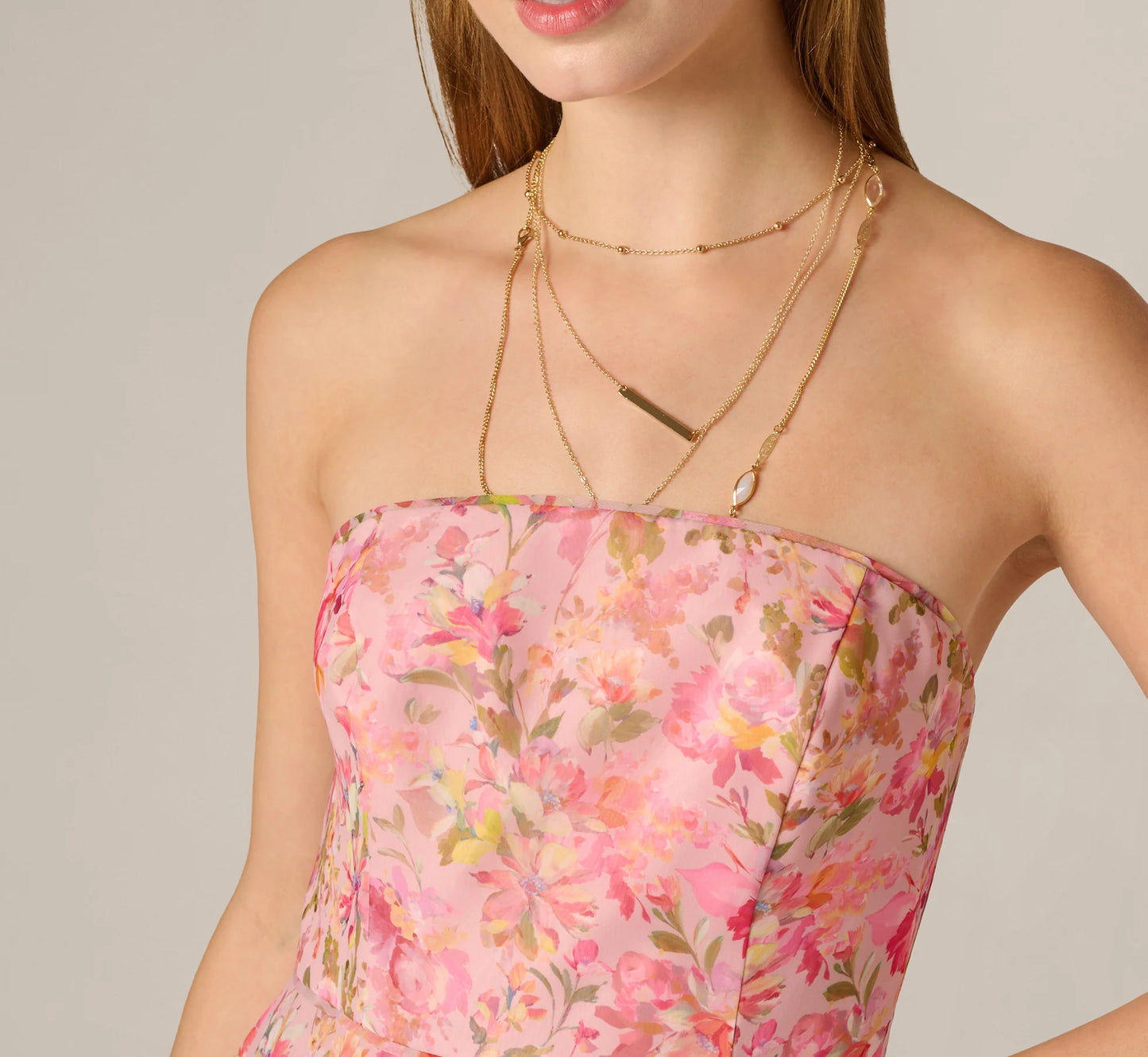 Strapless Floral Organza Pleated Short Dress In Pink Multi