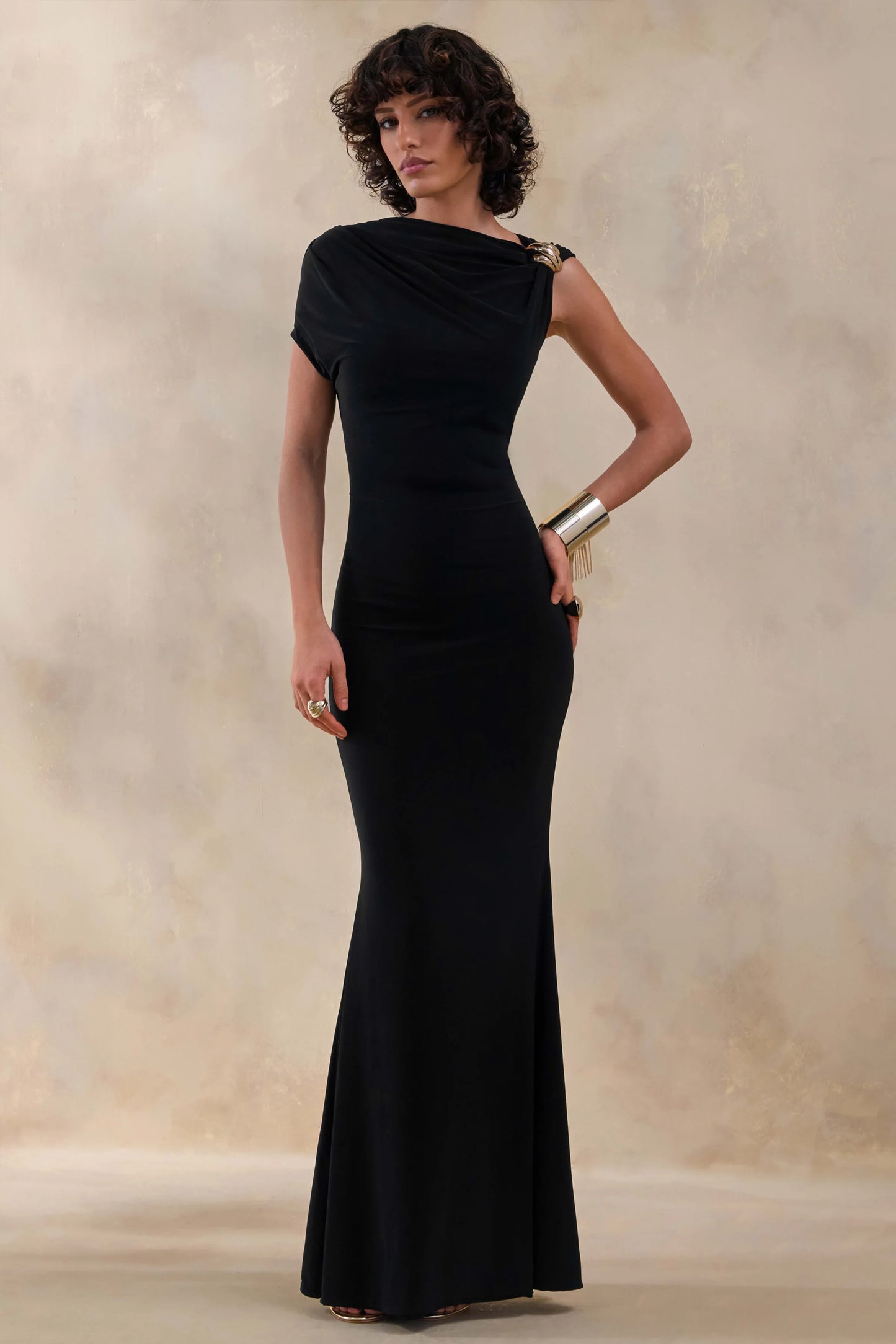 Blaire Black Asymmetric-Neck Maxi Dress With Gold-Detailing