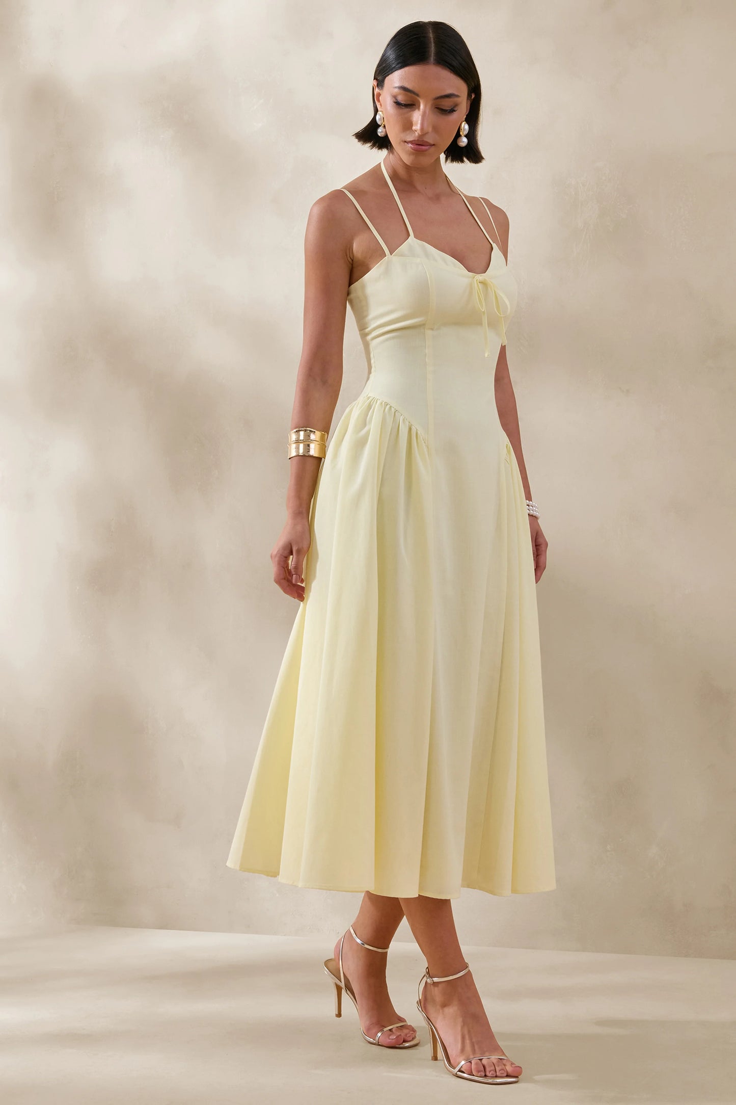 Audrey Lemon Sweetheart-Neck Midi Dress With Ruching Detail