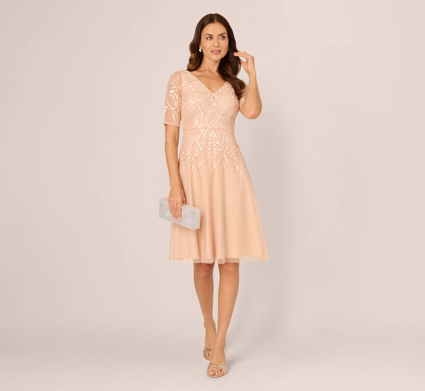 Short Sleeve Sequin Bead Midi Dress In Blush