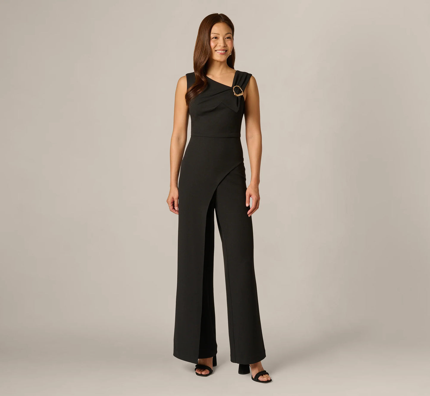 Buckle Shoulder Overlay Stretch Jumpsuit In Black
