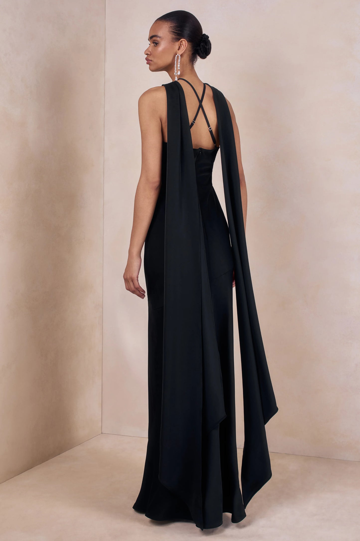 Sloane Black Matte Satin Halter-Neck Maxi Dress With Cape