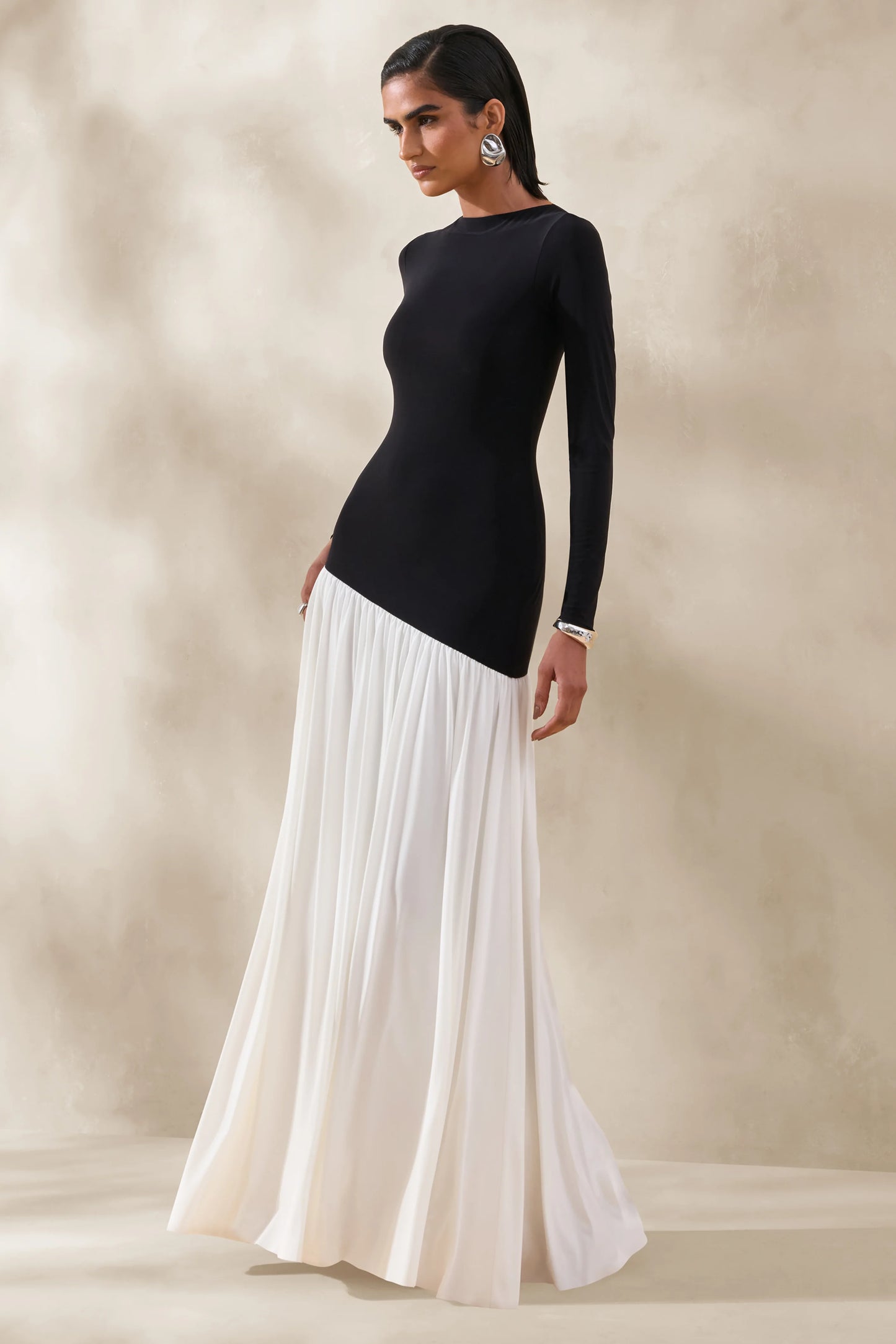 Jasira Black & White Crew-Neck Maxi Dress With Asymmetric Drop-Waist