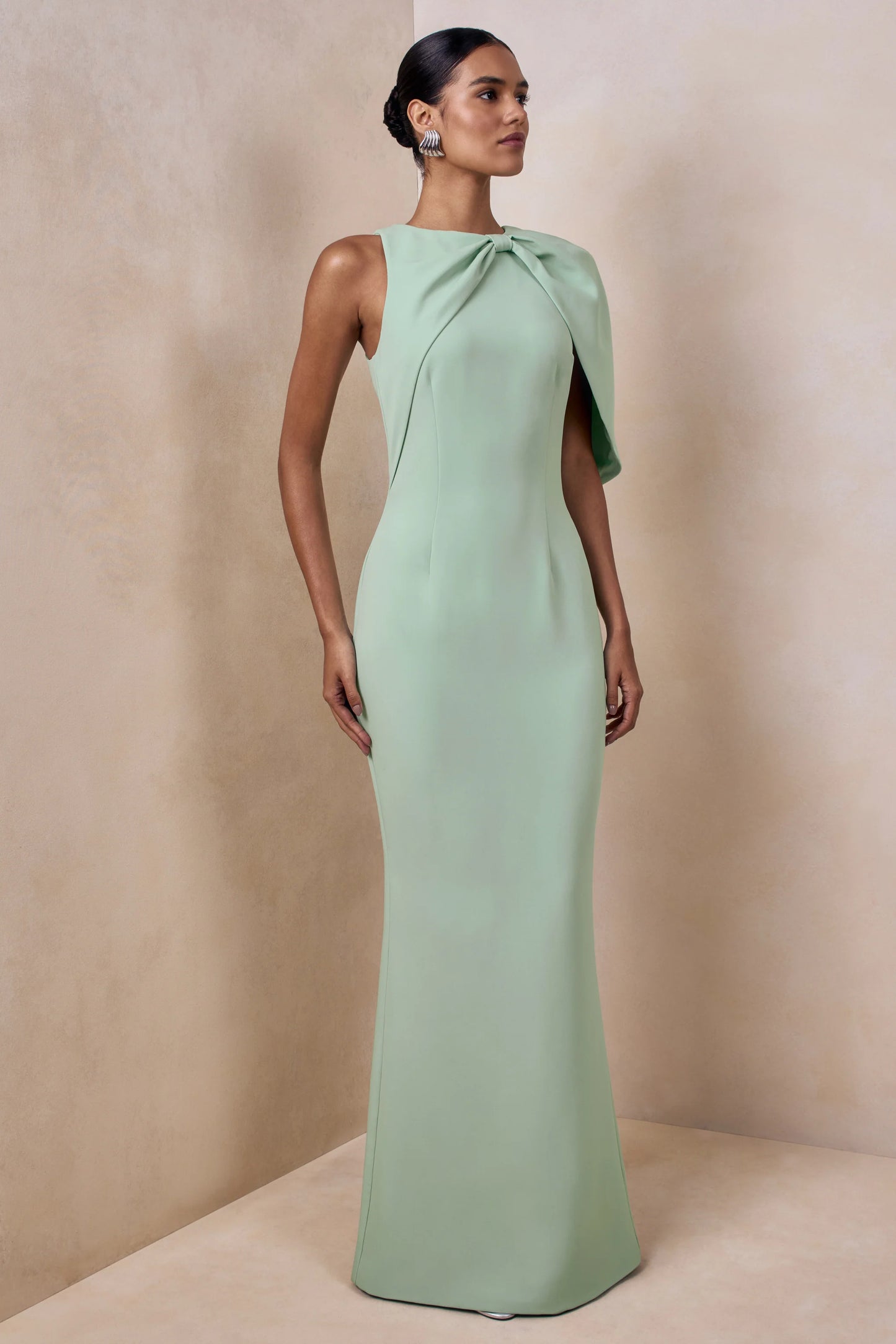 Quira Mint Asymmetric-Neck Maxi Dress With Cape-Sleeve