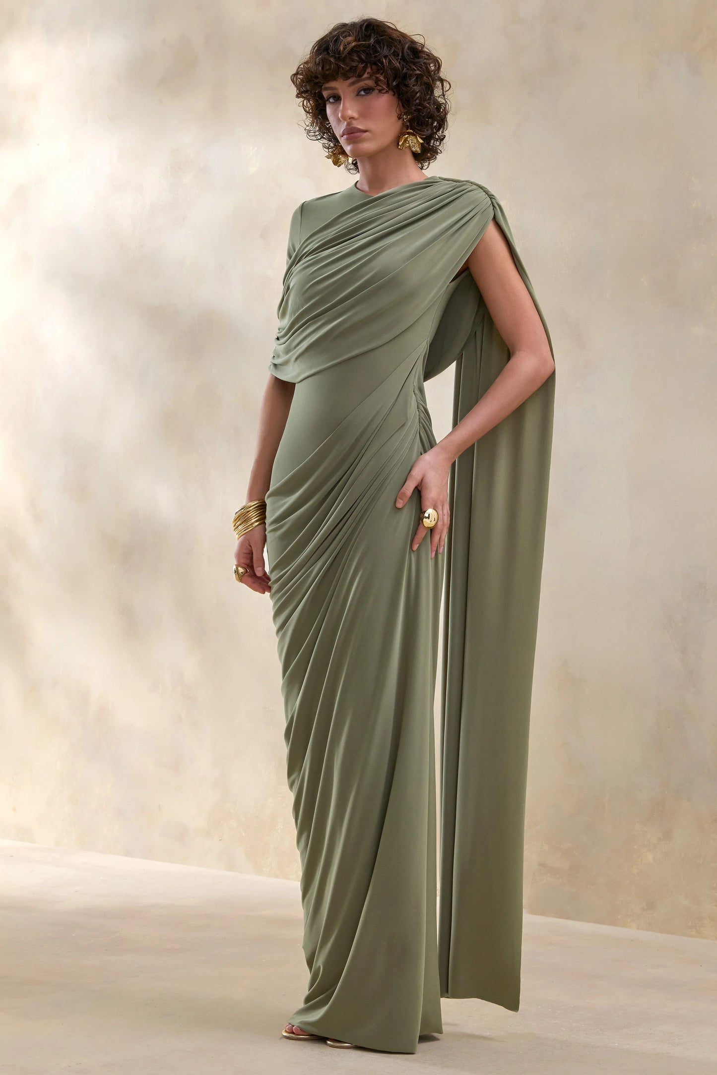 Gisara Olive High-Neck Maxi Dress With Sash And Draped-Detailing