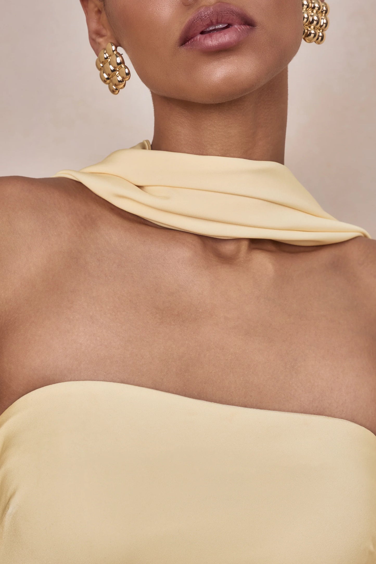 Charly Lemon Matte Satin Bandeau Maxi Dress With Scarf-Detail