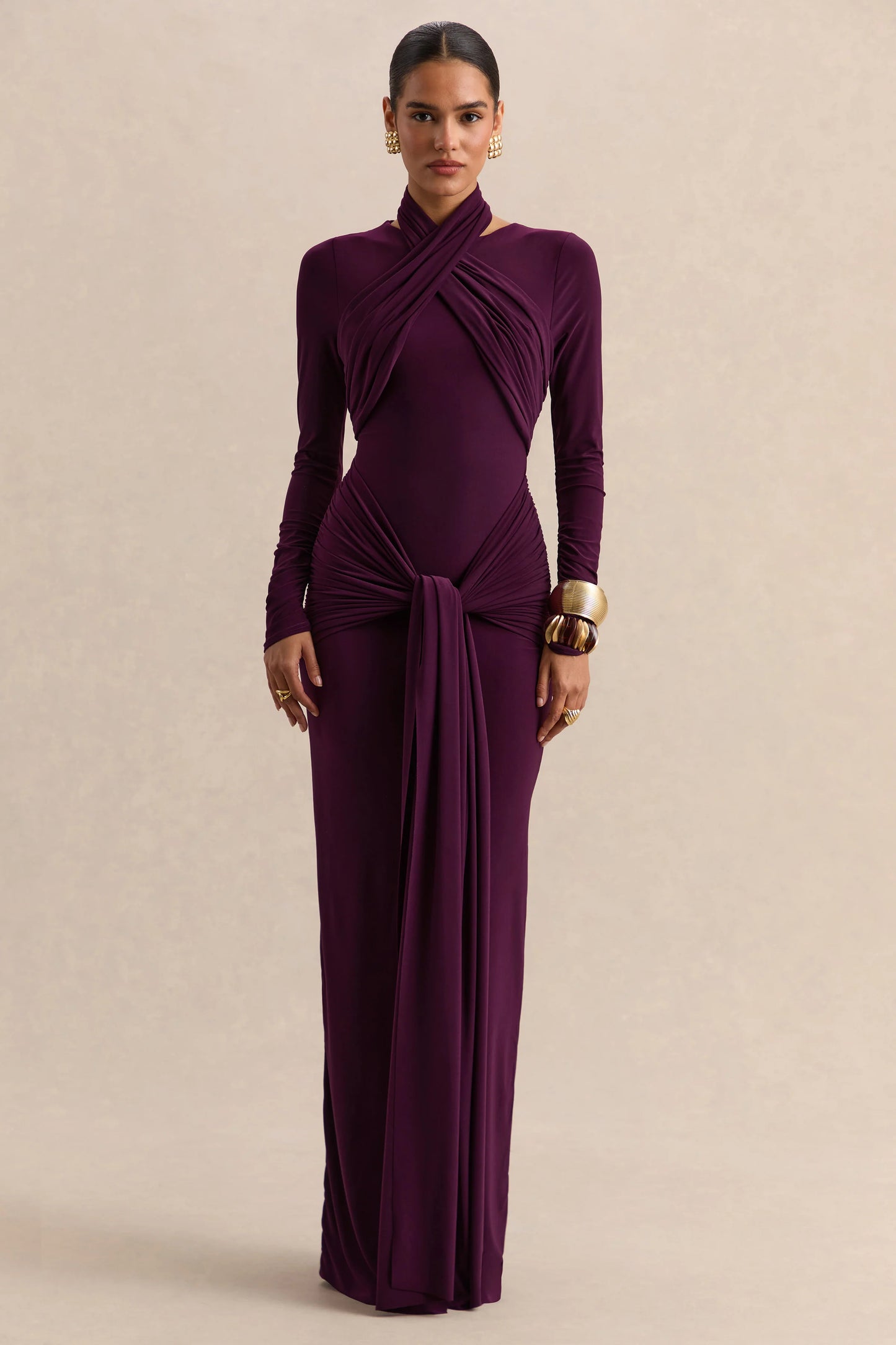 Linessa Dark Plum High-Neck Maxi Dress With Sash And Gathered-Detailing