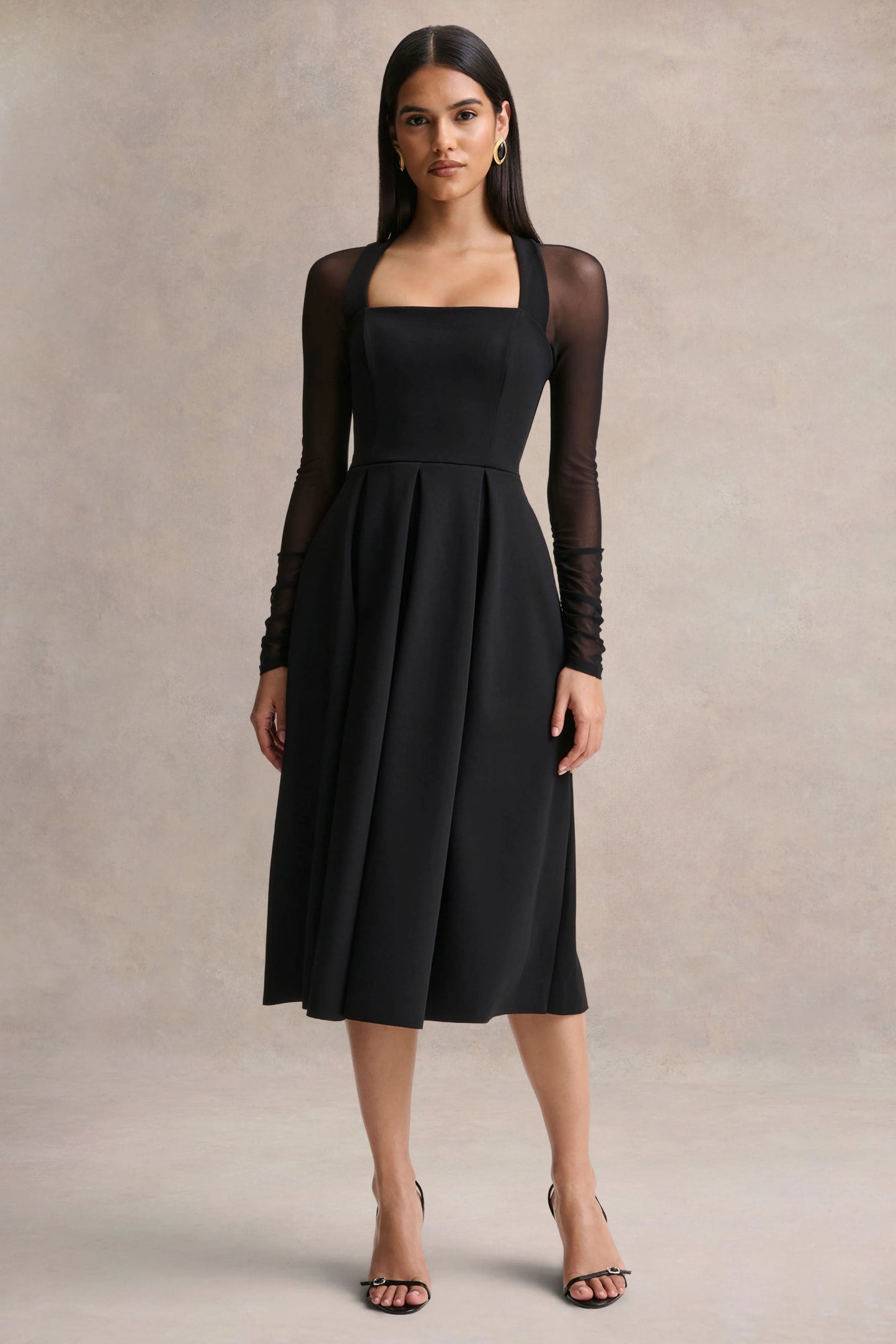 Melinda Black Square-Neck Midi Dress With Mesh Detailing