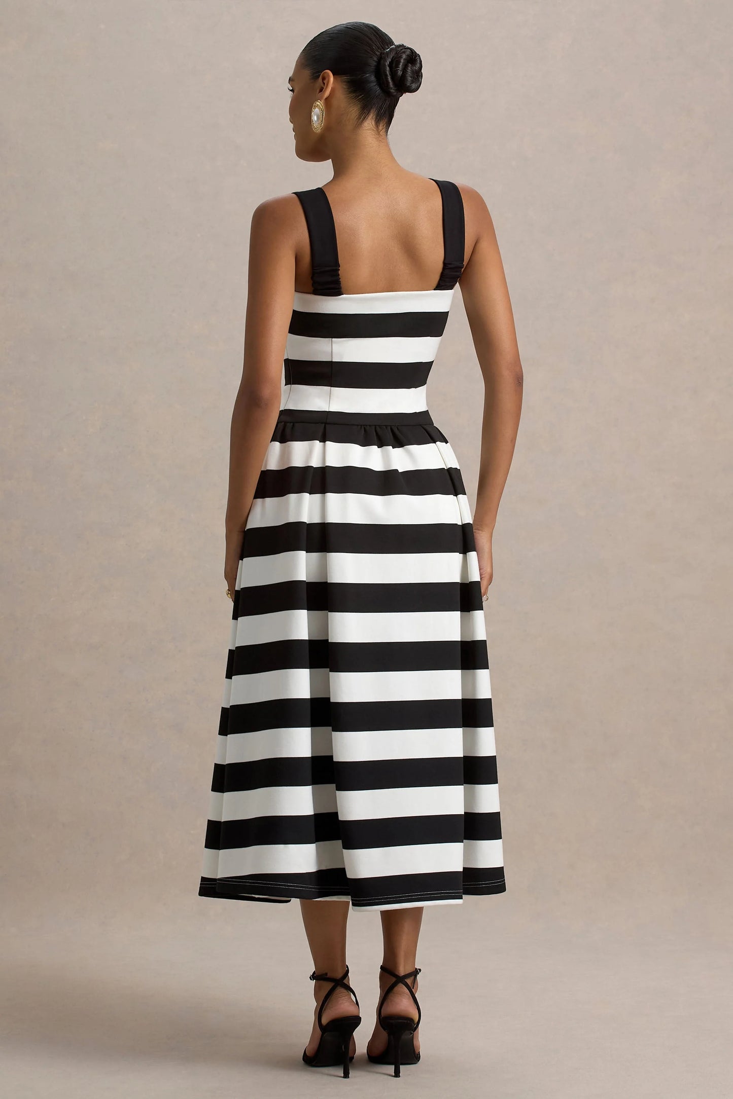 Monte Carlo Black & White Striped Square-Neck Drop-Waist Midi Dress