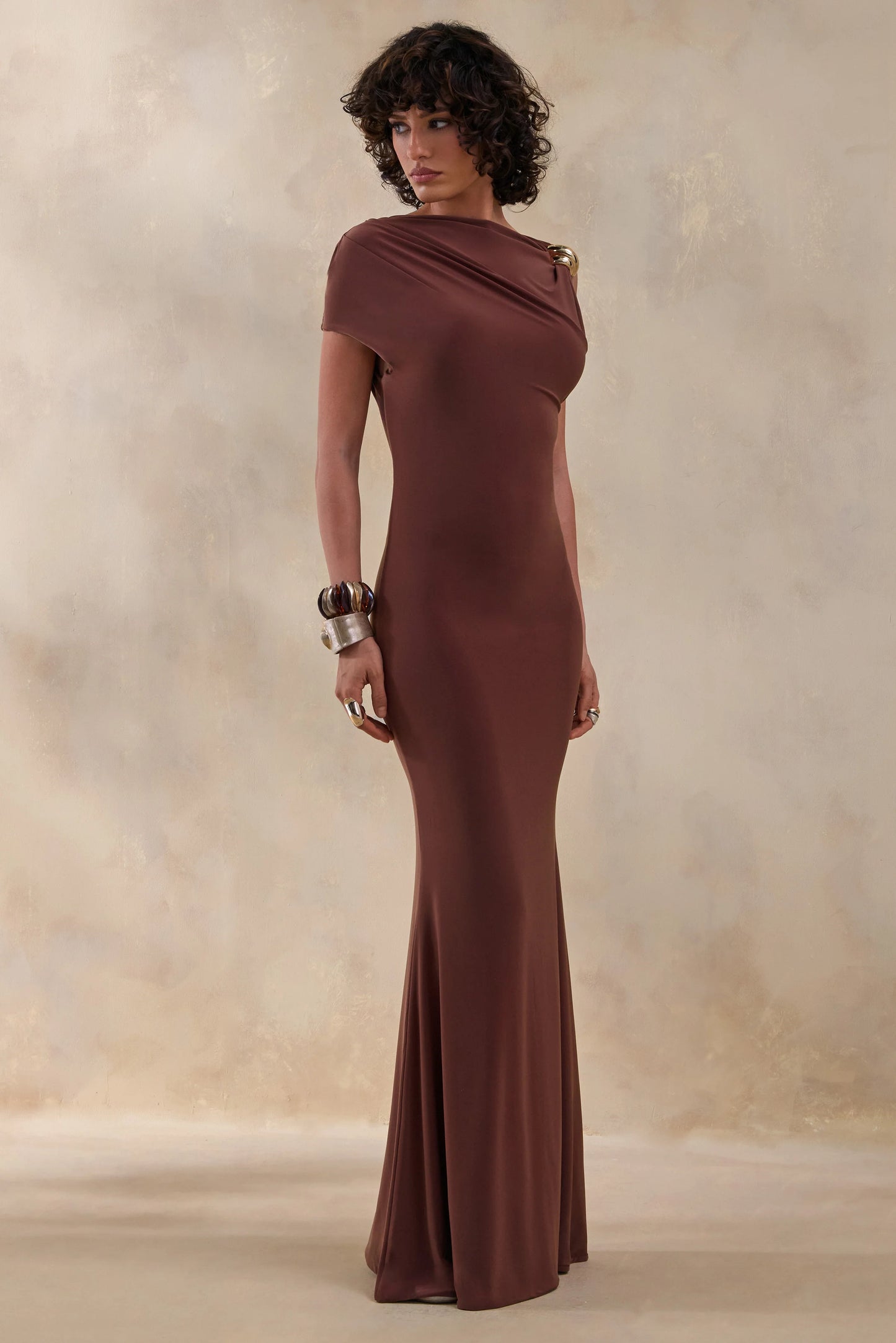 Blaire Brown Asymmetric-Neck Maxi Dress With Gold-Detailing