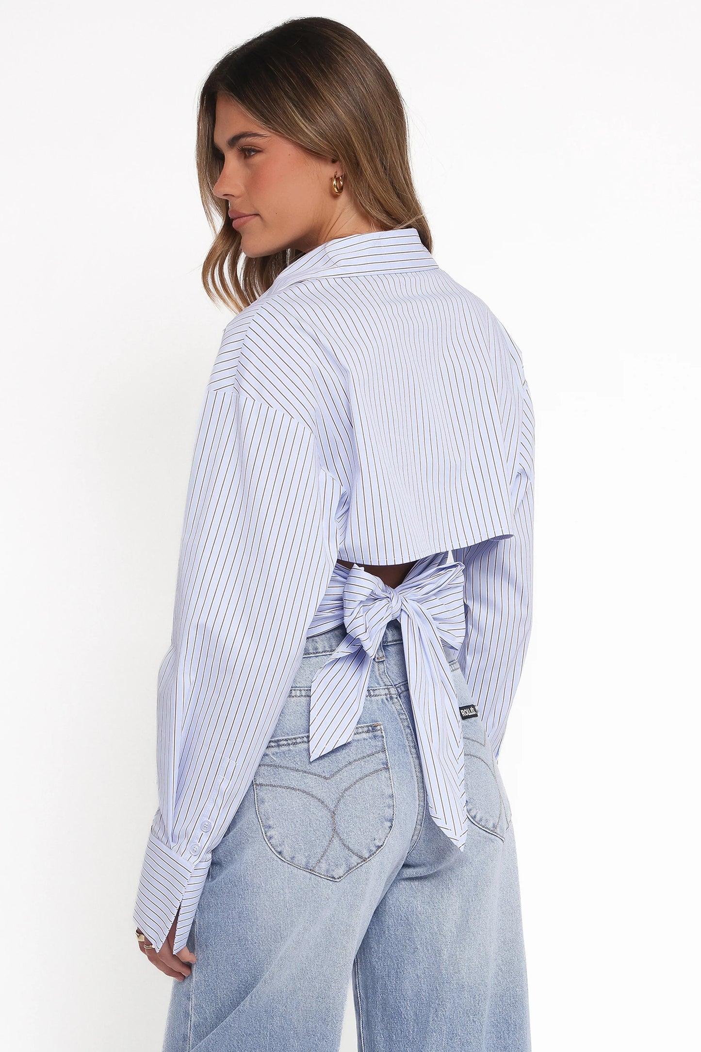 Vienne Tie Back Button Up Shirt - Blue/Brown Stripe