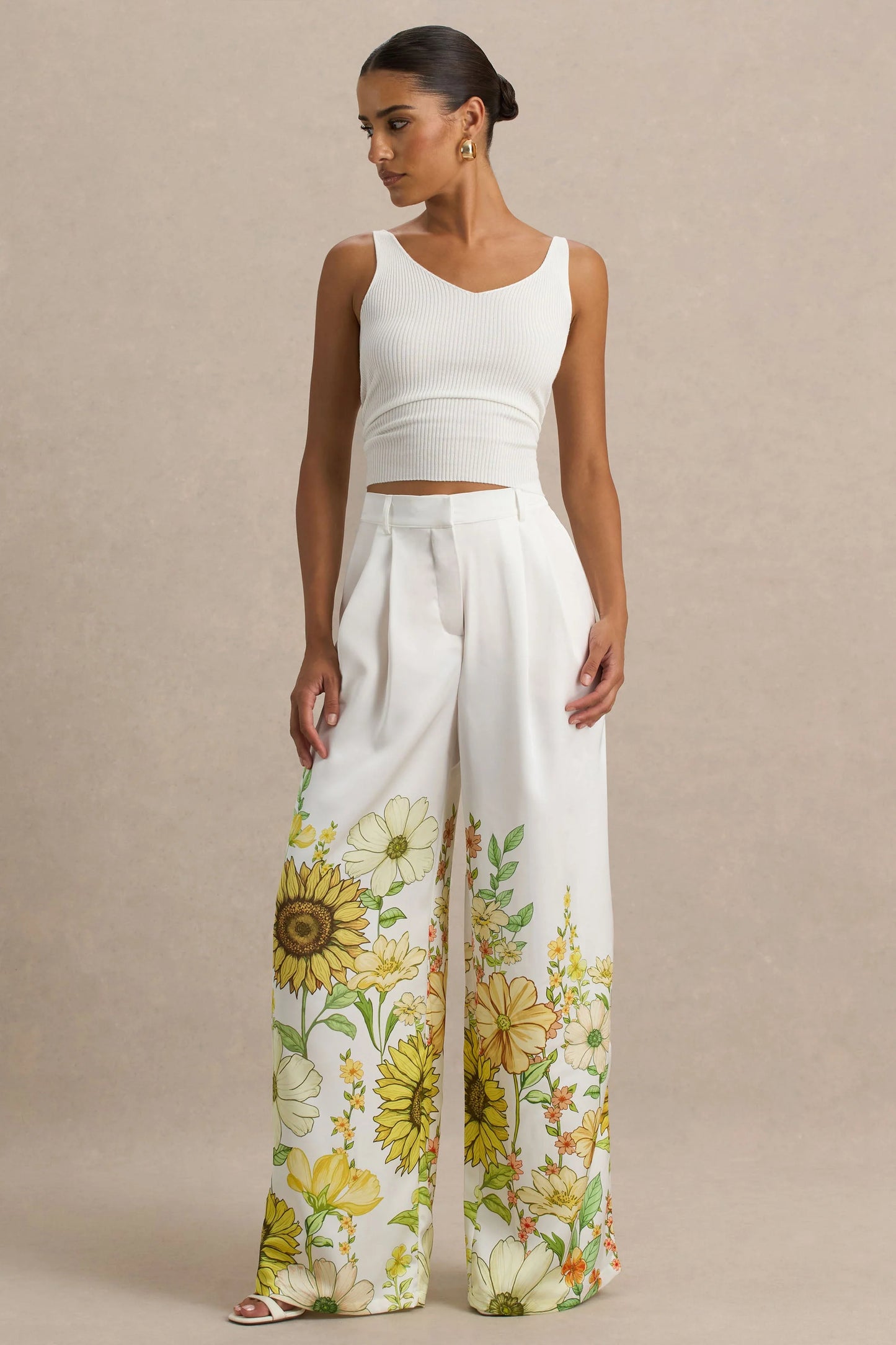 Louise Sunflower Print Wide-Leg Trousers