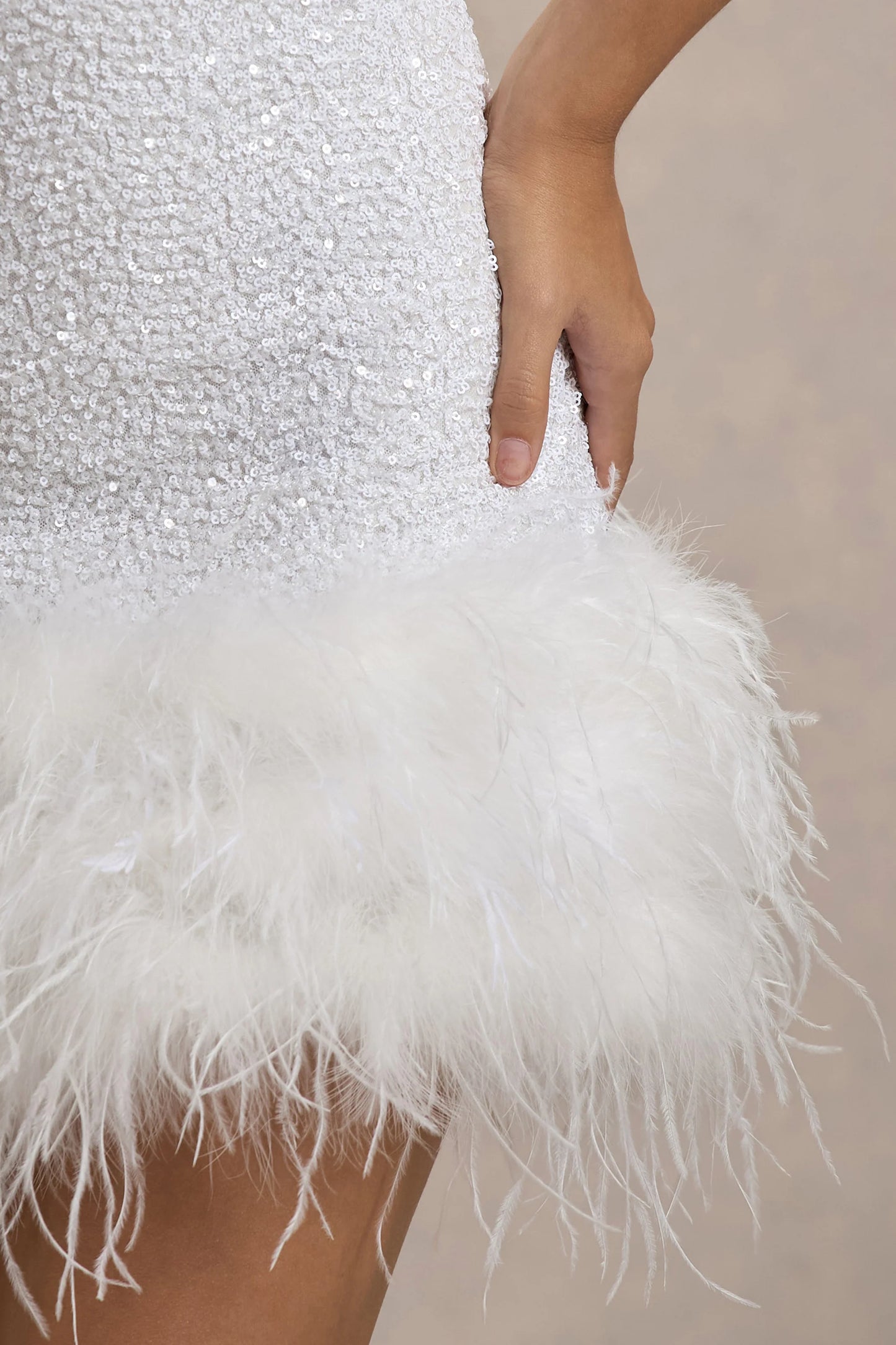 Lumi White Sequin High-Neck Feather Trim Mini Dress
