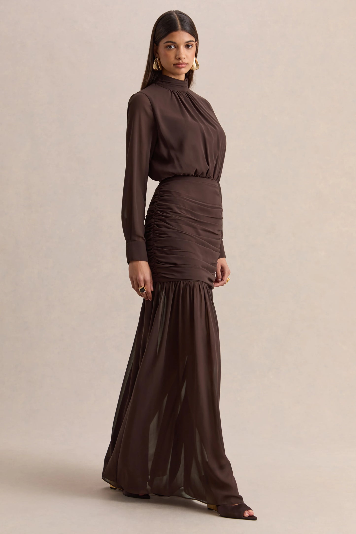 Zella Brown High-Neck Maxi Dress With Sheer-Skirt