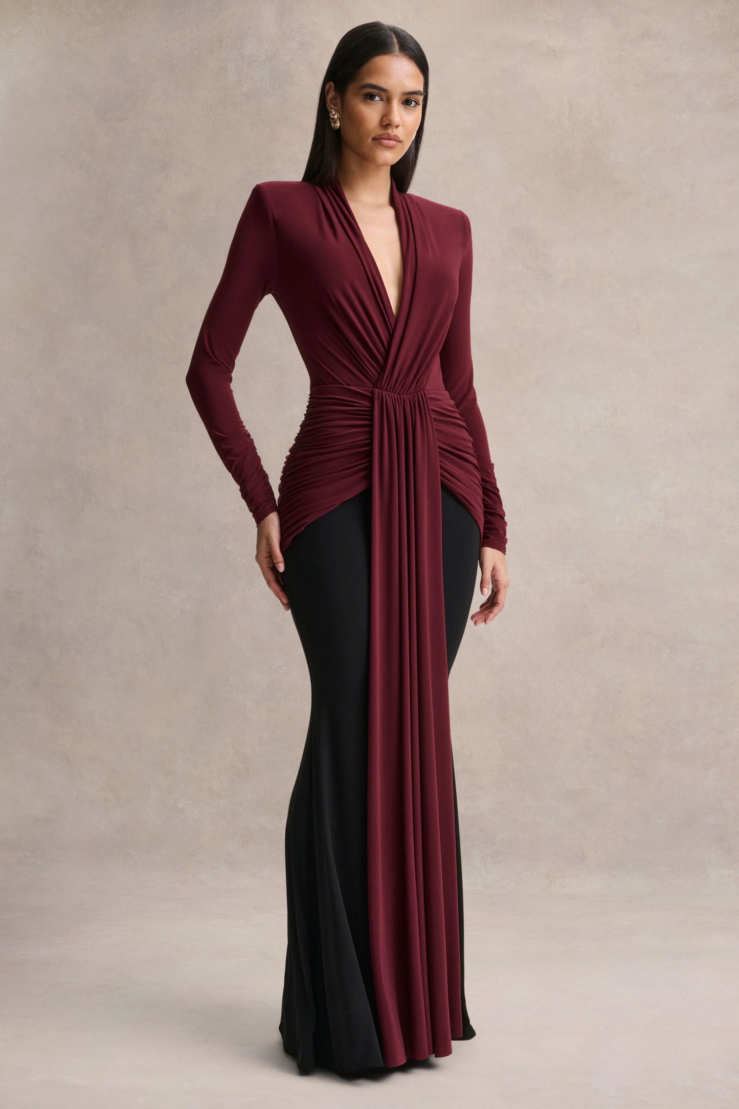 Halston Burgundy And Black Plunge-Neck Maxi Dress With Gathered-Detailing