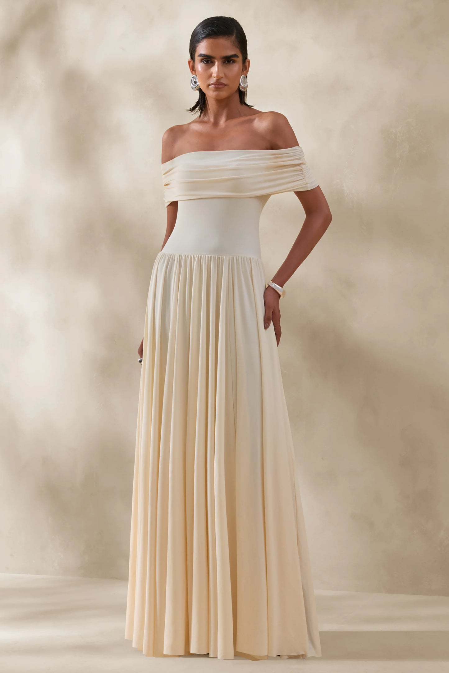 Cindie Cream Bardot-Neck Maxi Dress