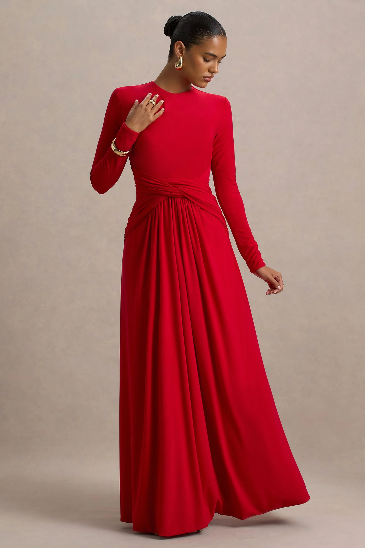 Estrella Red High-Neck Maxi Dress With Ruched Detailing