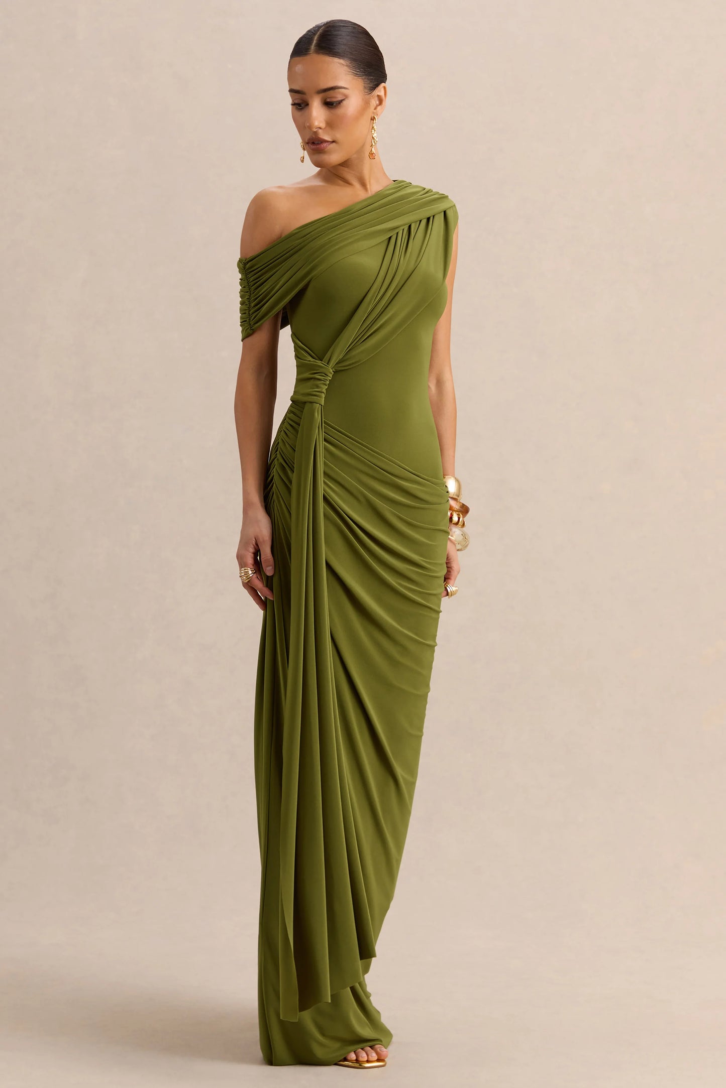Avialee Green Asymmetric-Neck Maxi Dress With Gathered-Detailing And Sash